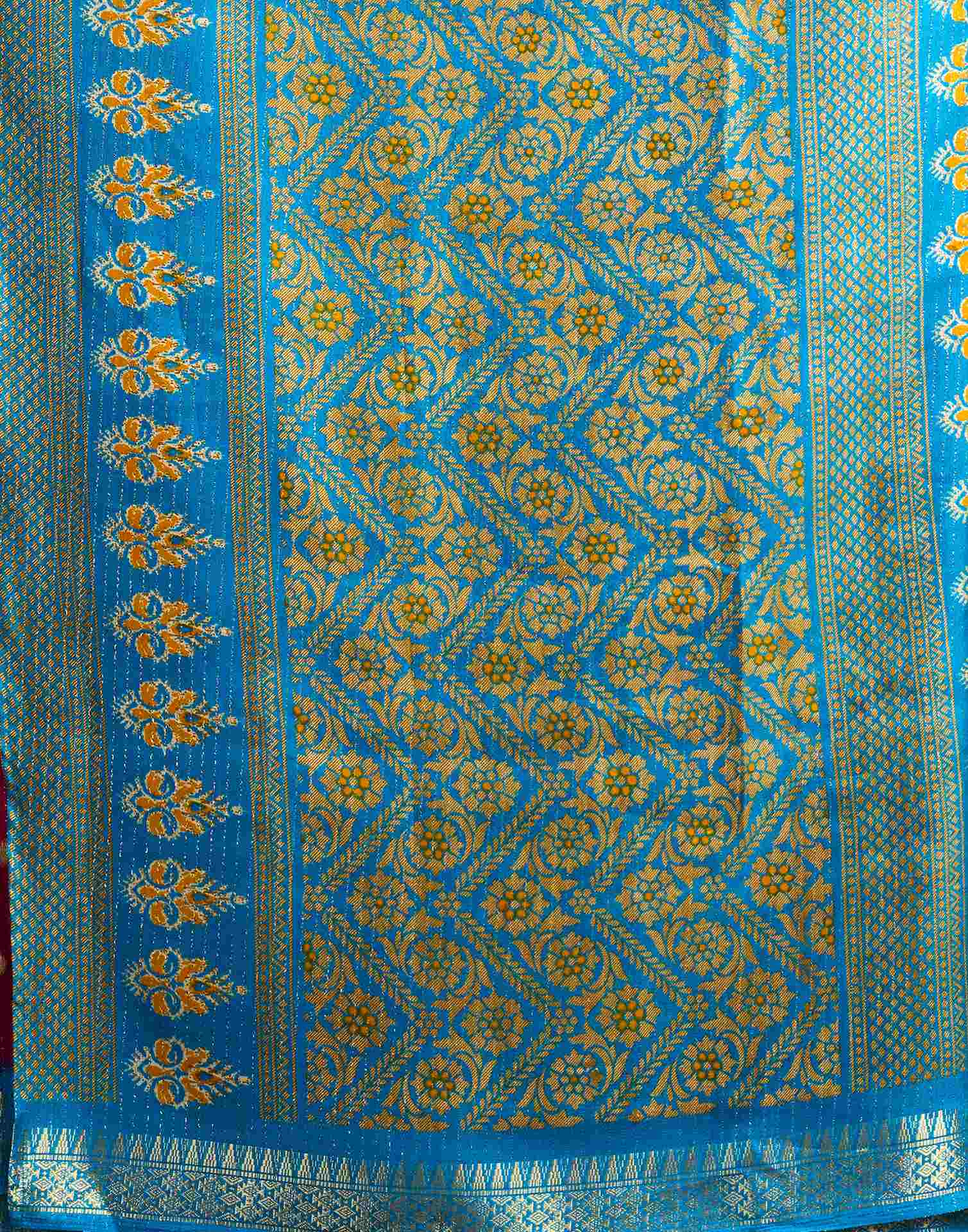 Dark Magenta Silk Printed Zari Stripe Saree - Image 7