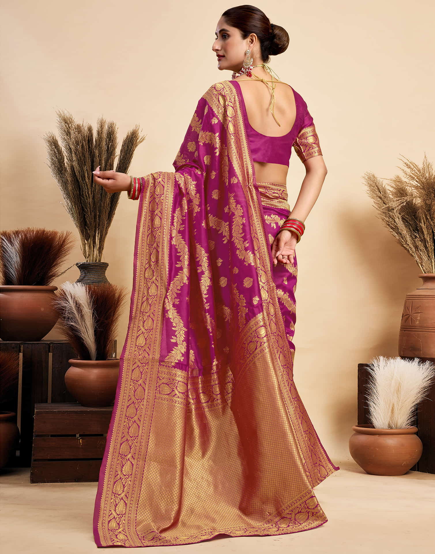 Dark Magenta Silk Woven Banarasi Saree - Image 6