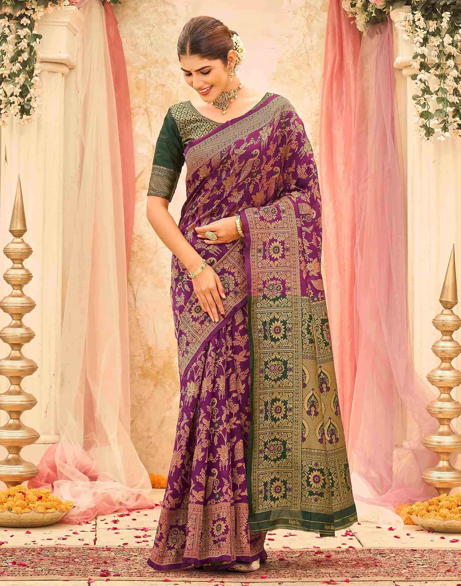 Dark Magenta Silk Woven Banarasi Saree - Image 2