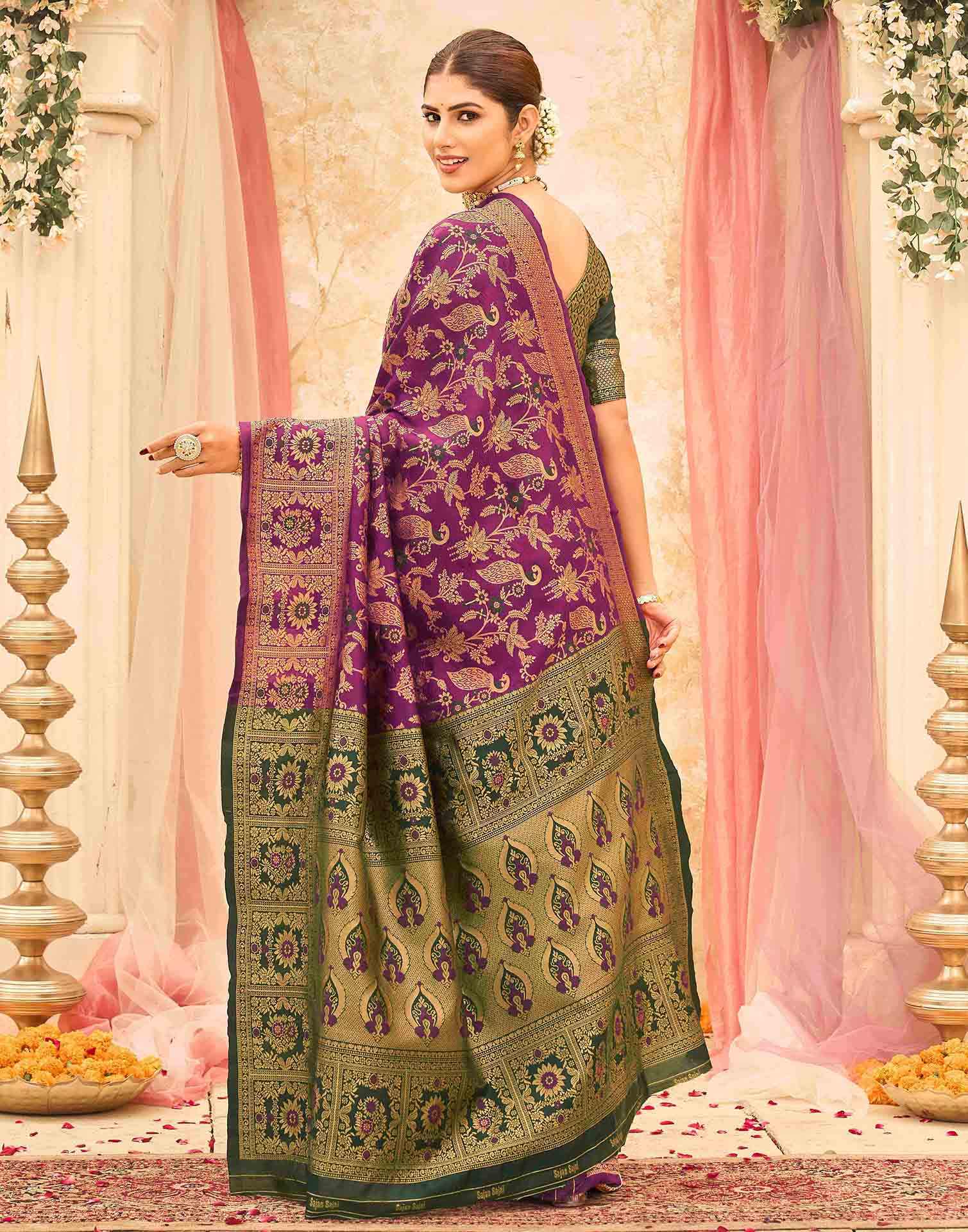Dark Magenta Silk Woven Banarasi Saree - Image 3