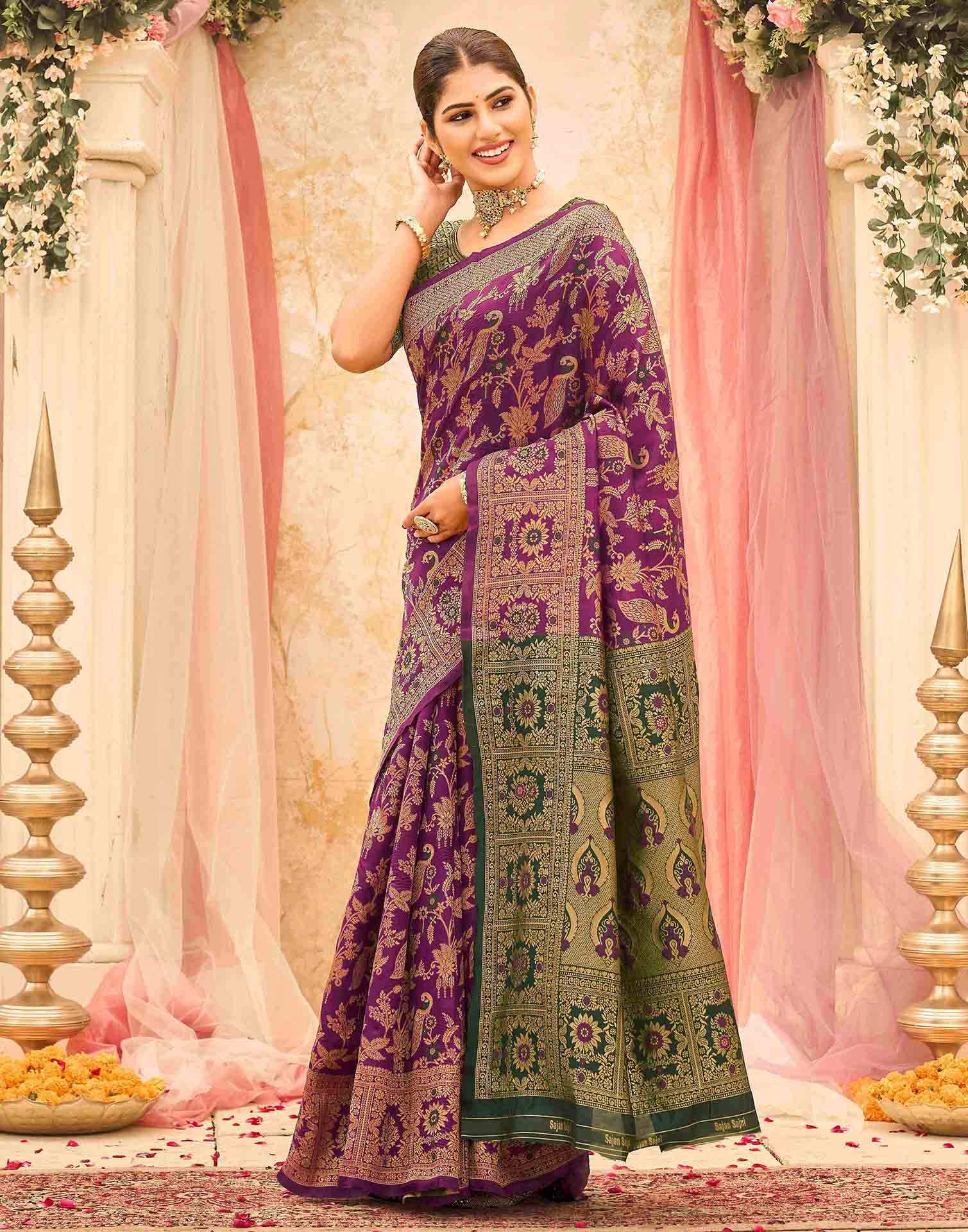 Dark Magenta Silk Woven Banarasi Saree - Image 5