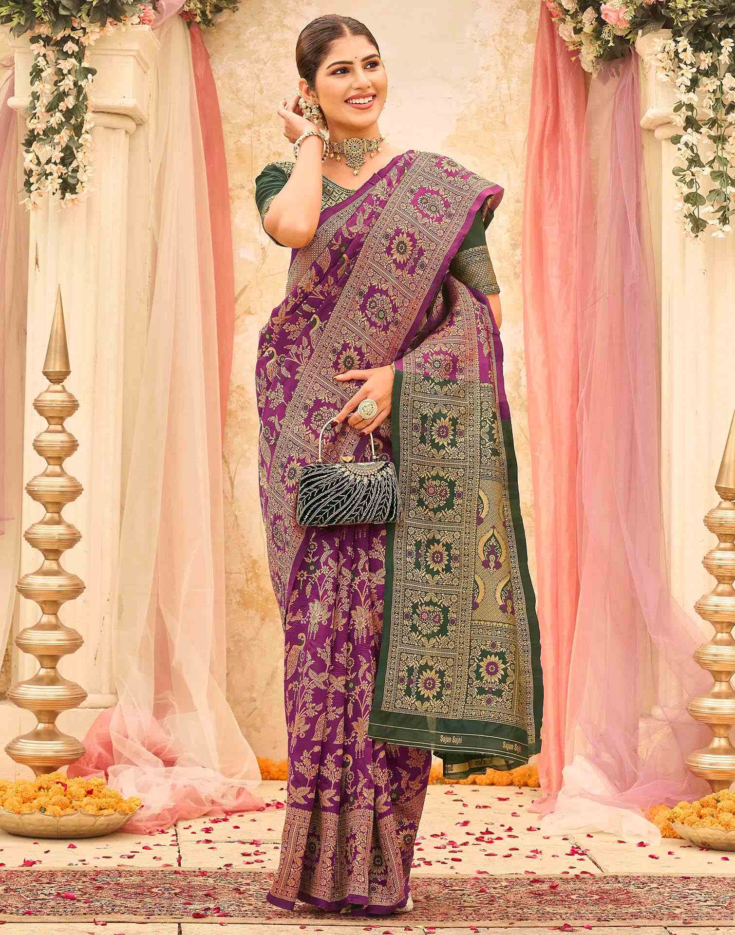 Dark Magenta Silk Woven Banarasi Saree - Image 6