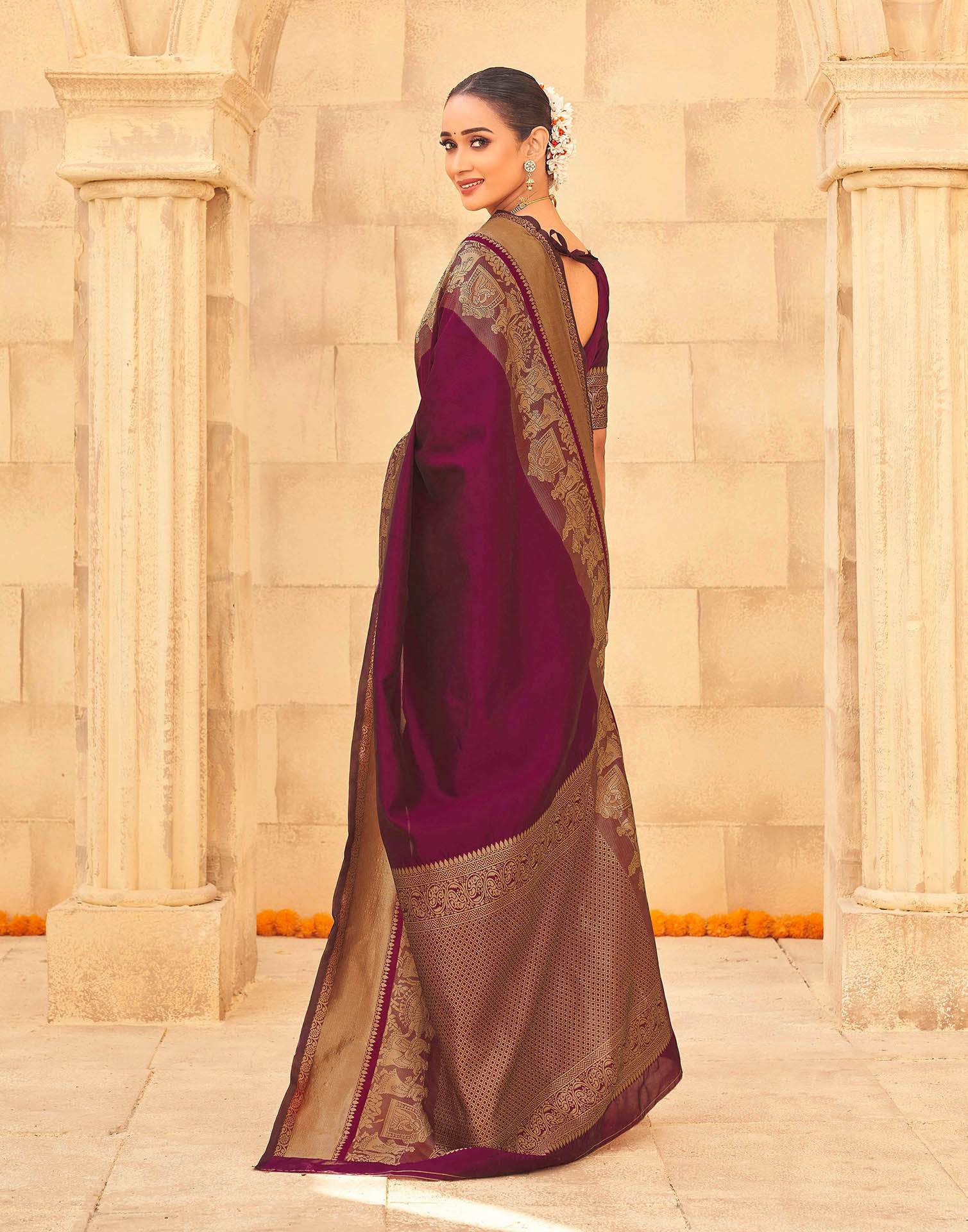 Dark Magenta Silk Woven Kanjivaram Saree - Image 6