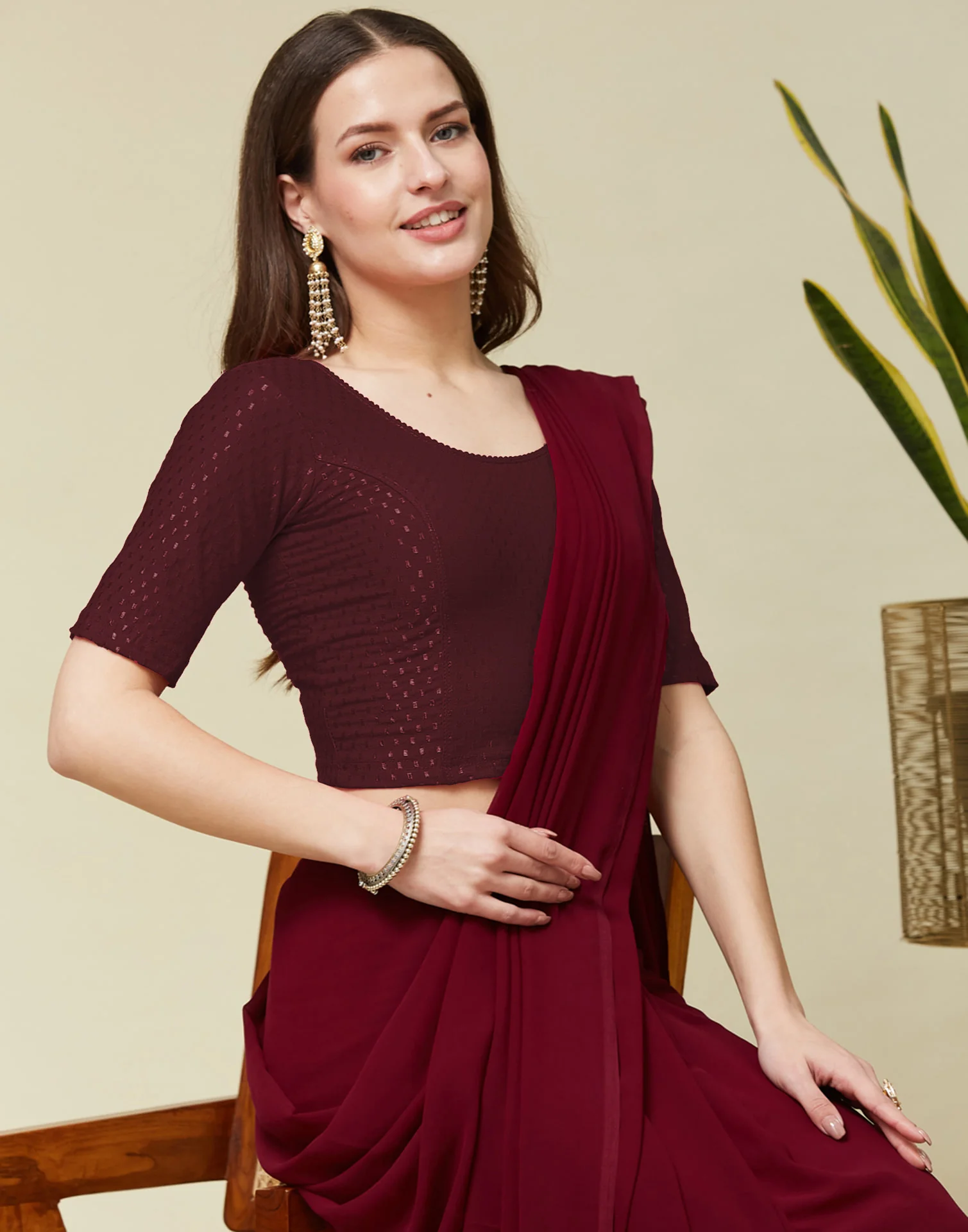 Dark Maroon Cotton Lycra Dyed Self Woven Blouse - Image 2