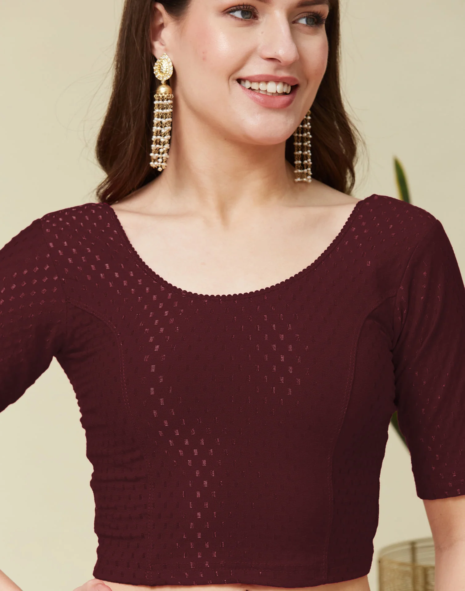 Dark Maroon Cotton Lycra Dyed Self Woven Blouse - Image 4