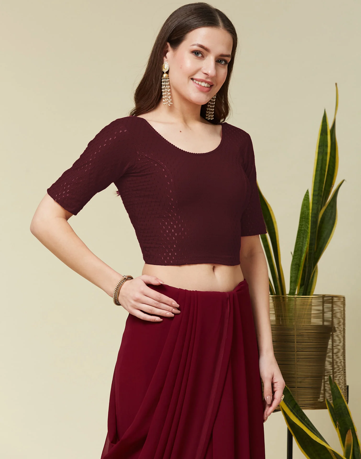 Dark Maroon Cotton Lycra Dyed Self Woven Blouse - Image 5