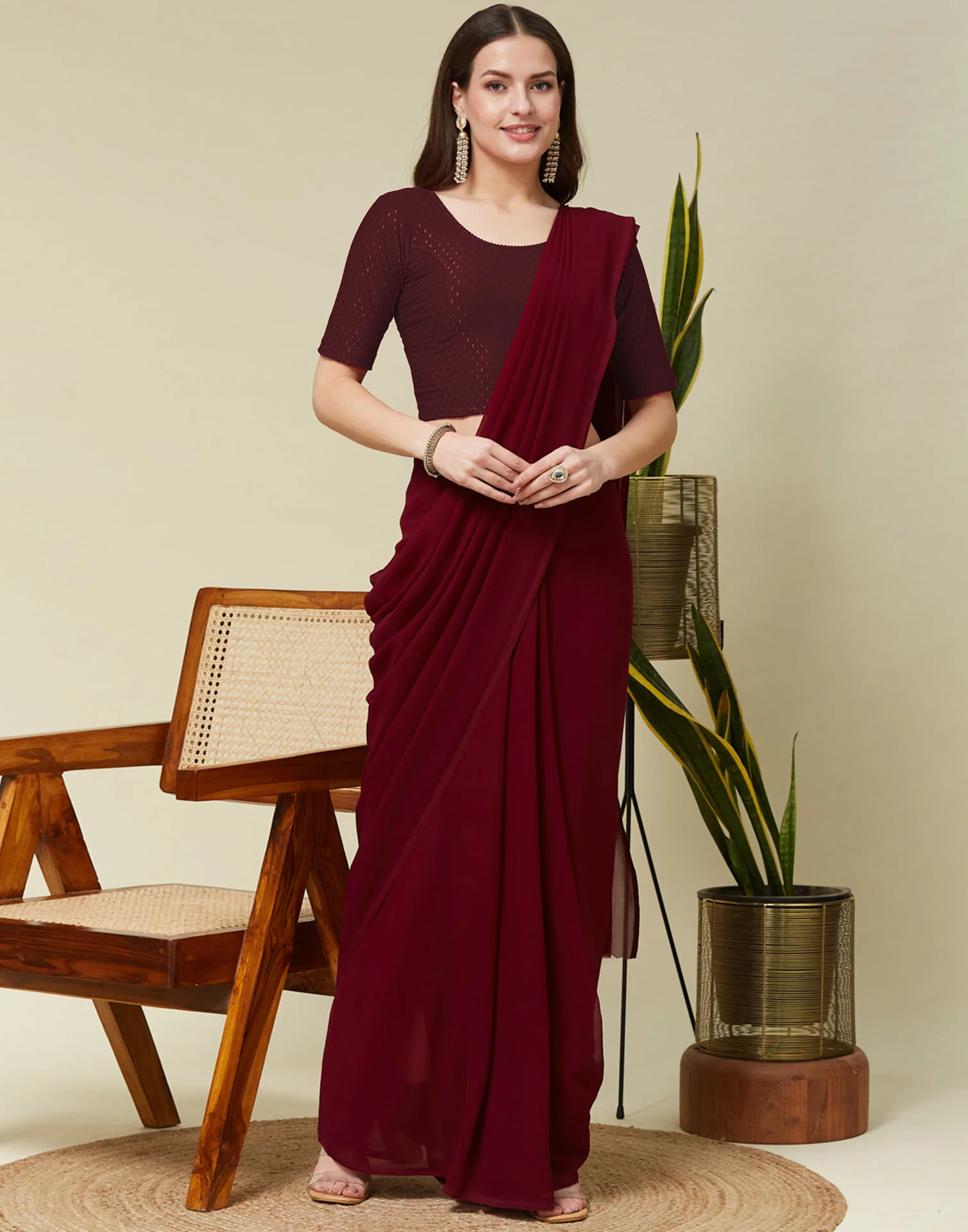 Dark Maroon Cotton Lycra Dyed Self Woven Blouse - Image 7