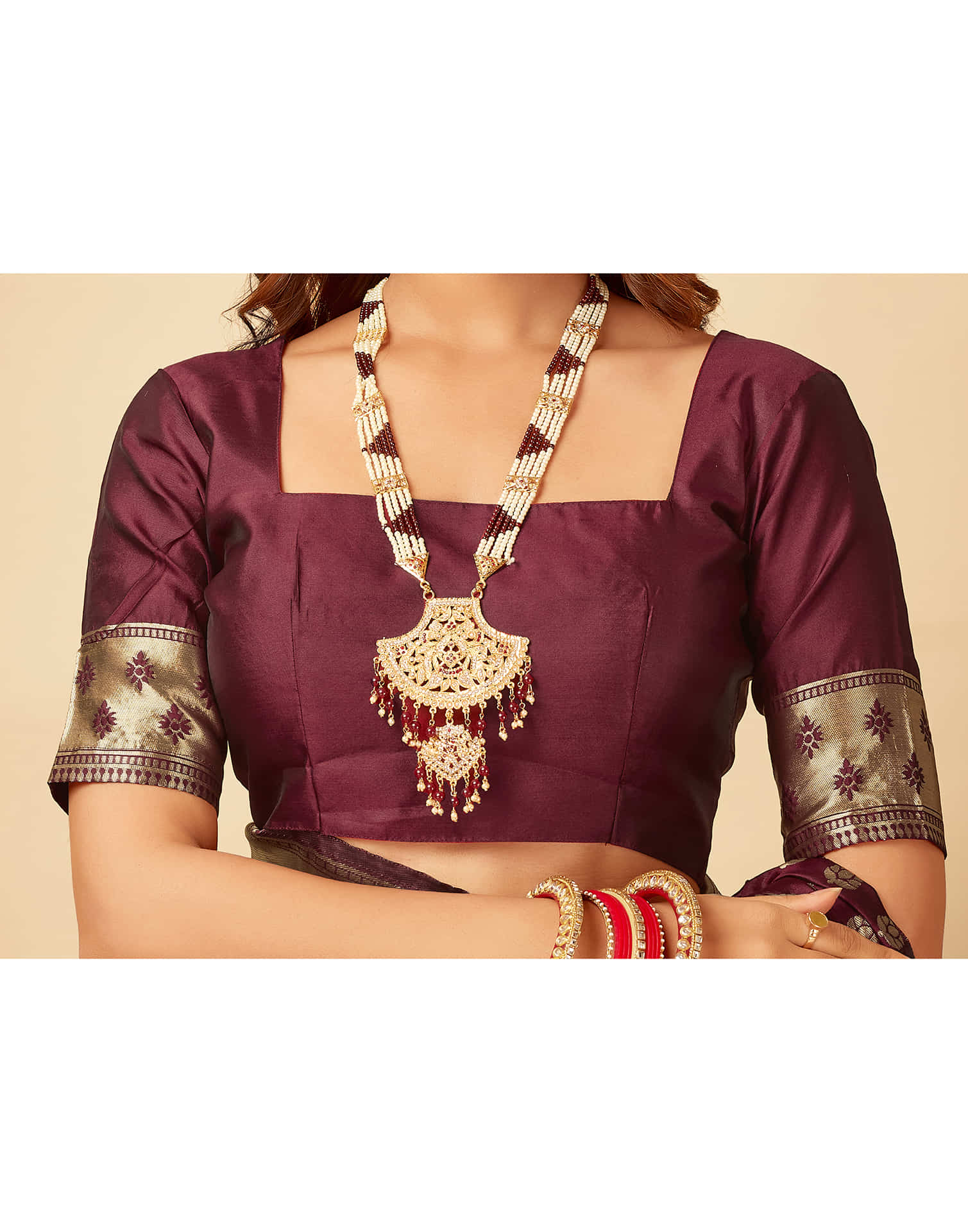 Dark Maroon Silk Woven Banarasi Saree - Image 9