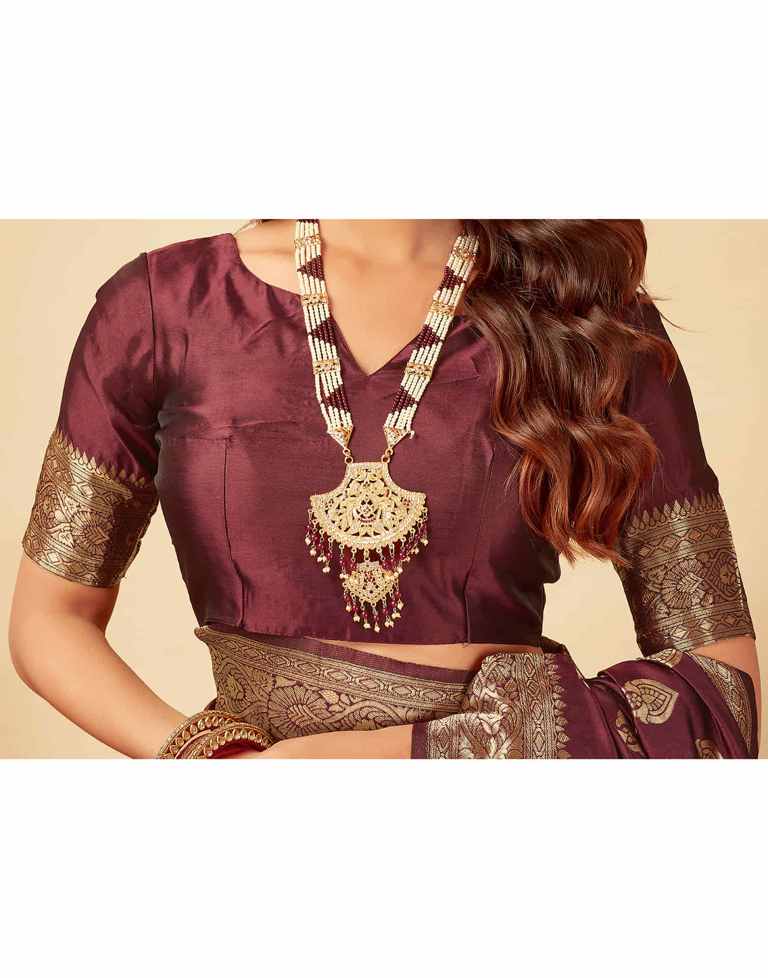 Dark Maroon Silk Woven Banarasi Saree - Image 8