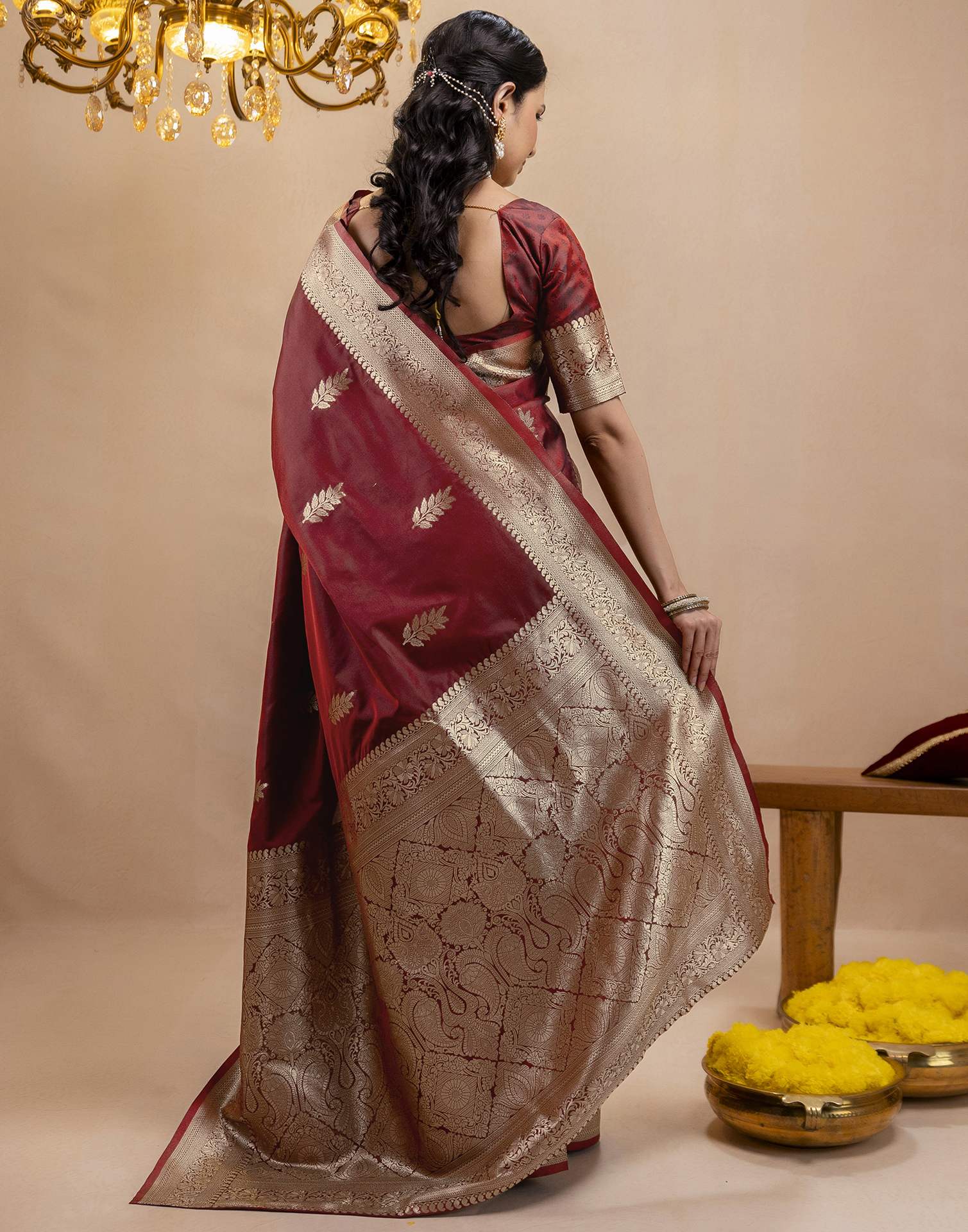 Dark Maroon Silk Woven Banarasi Saree - Image 6
