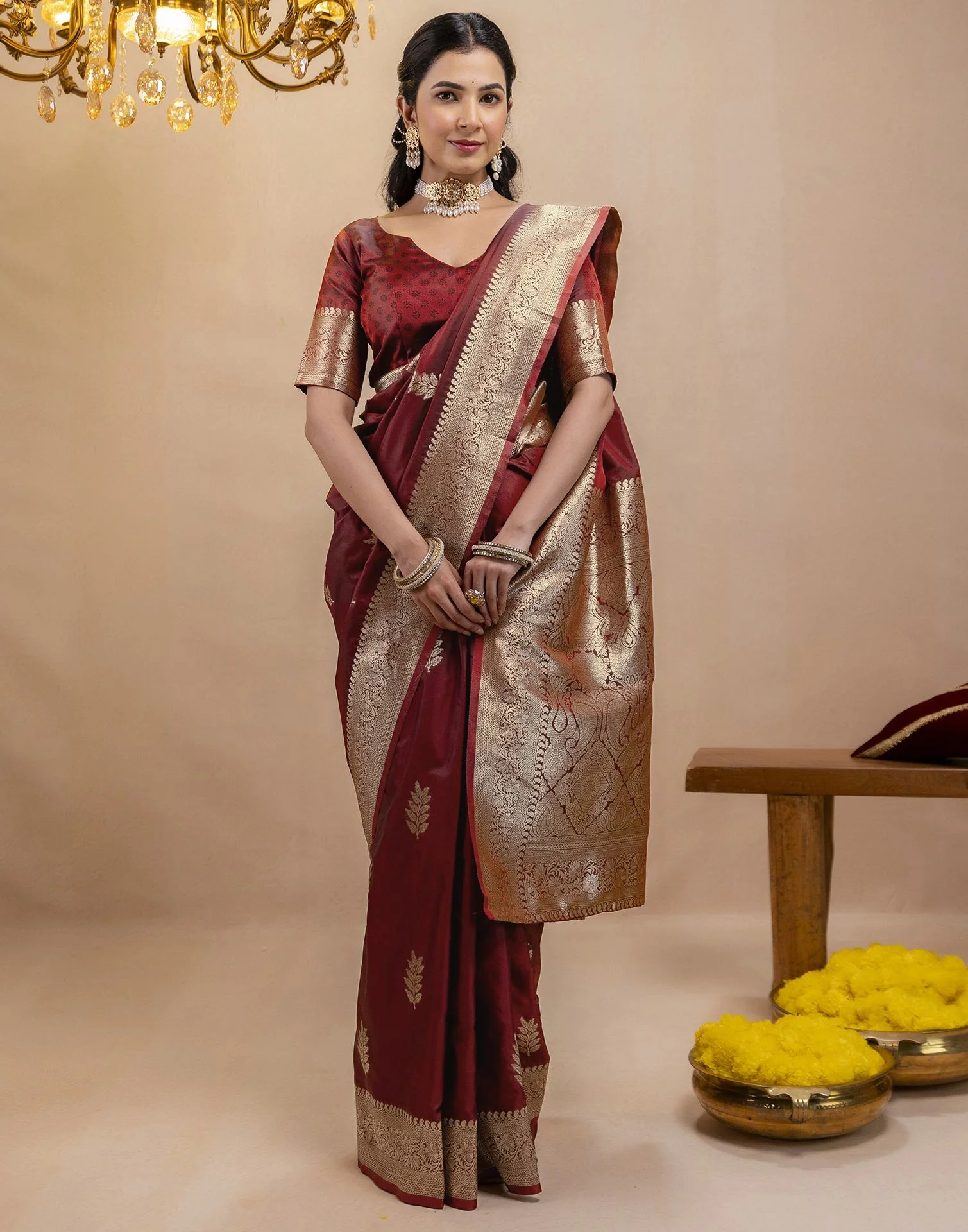 Dark Maroon Silk Woven Banarasi Saree - Image 7