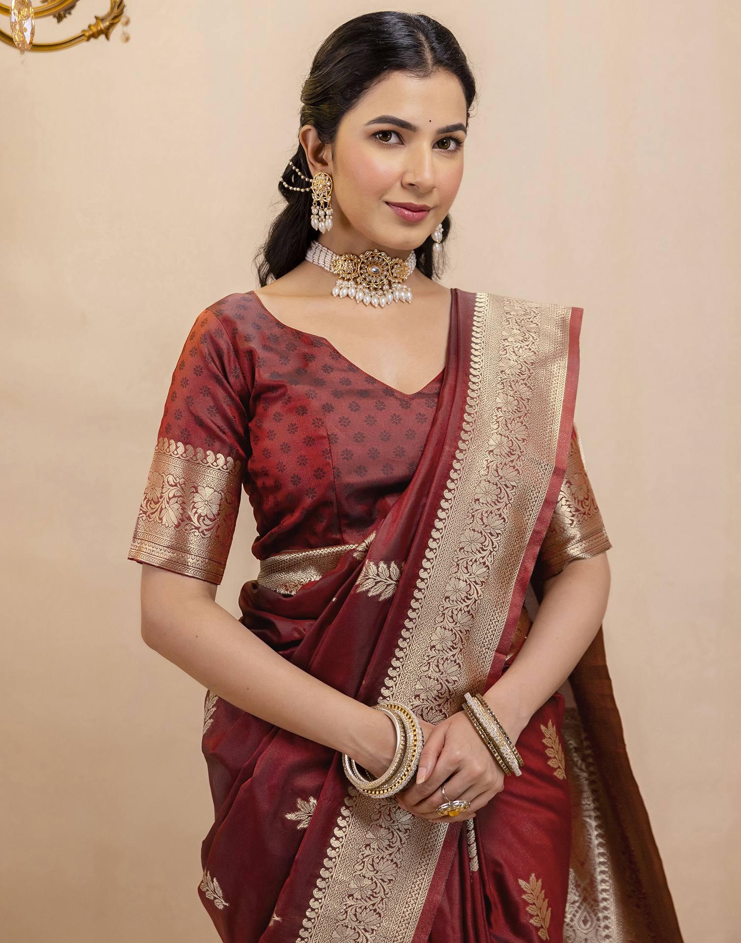 Dark Maroon Silk Woven Banarasi Saree - Image 9