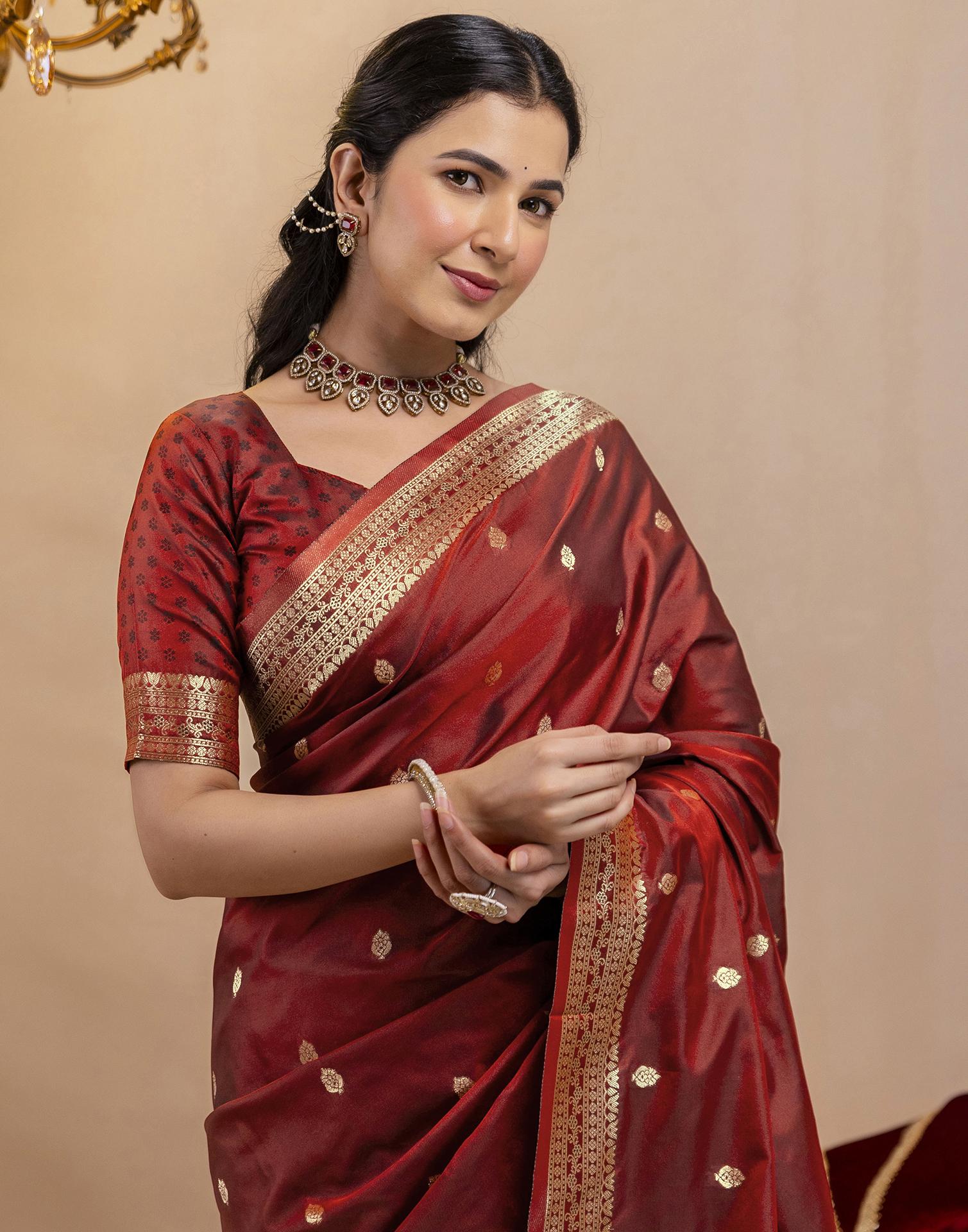 Dark Maroon Silk Woven Banarasi Saree - Image 11