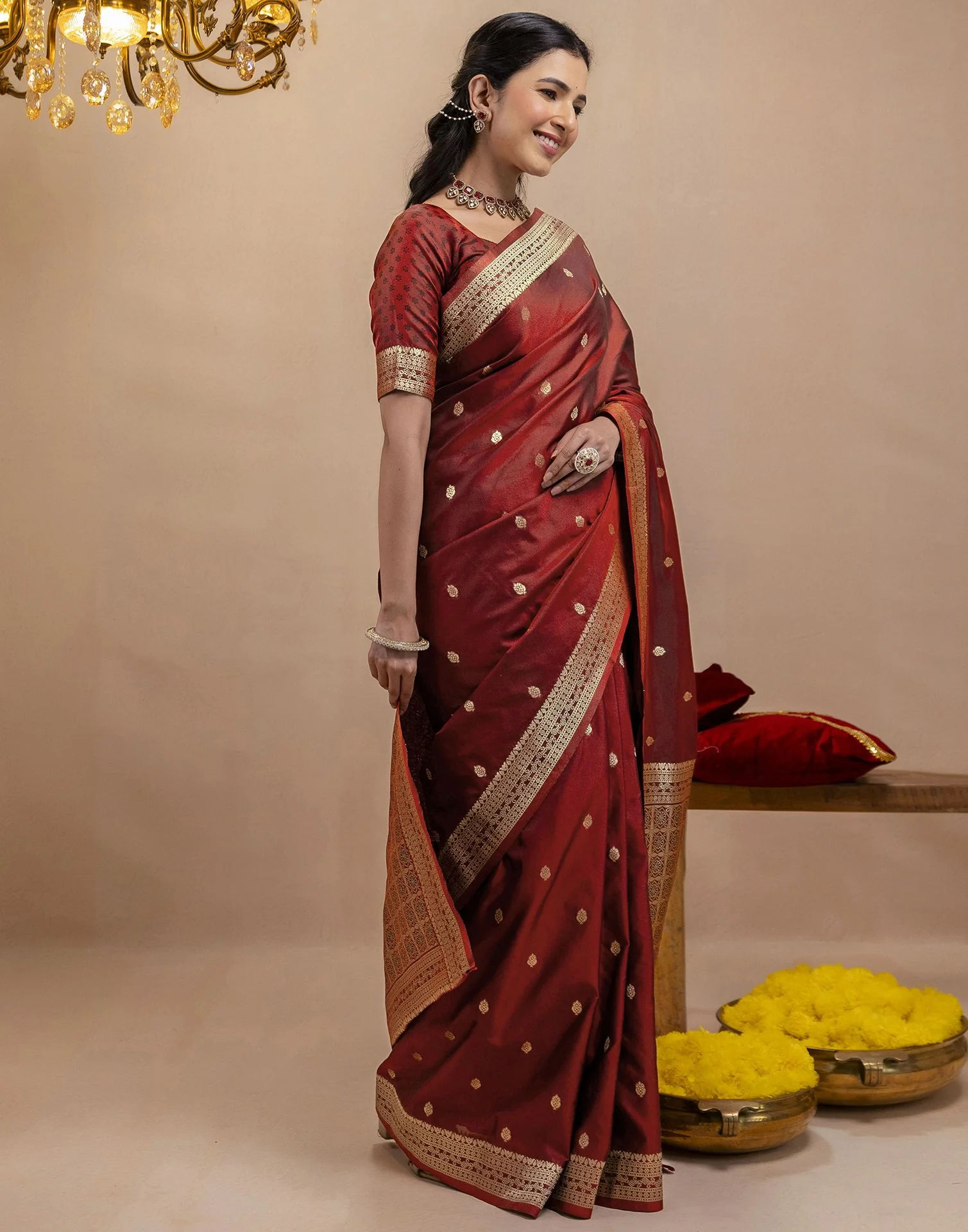 Dark Maroon Silk Woven Banarasi Saree - Image 6