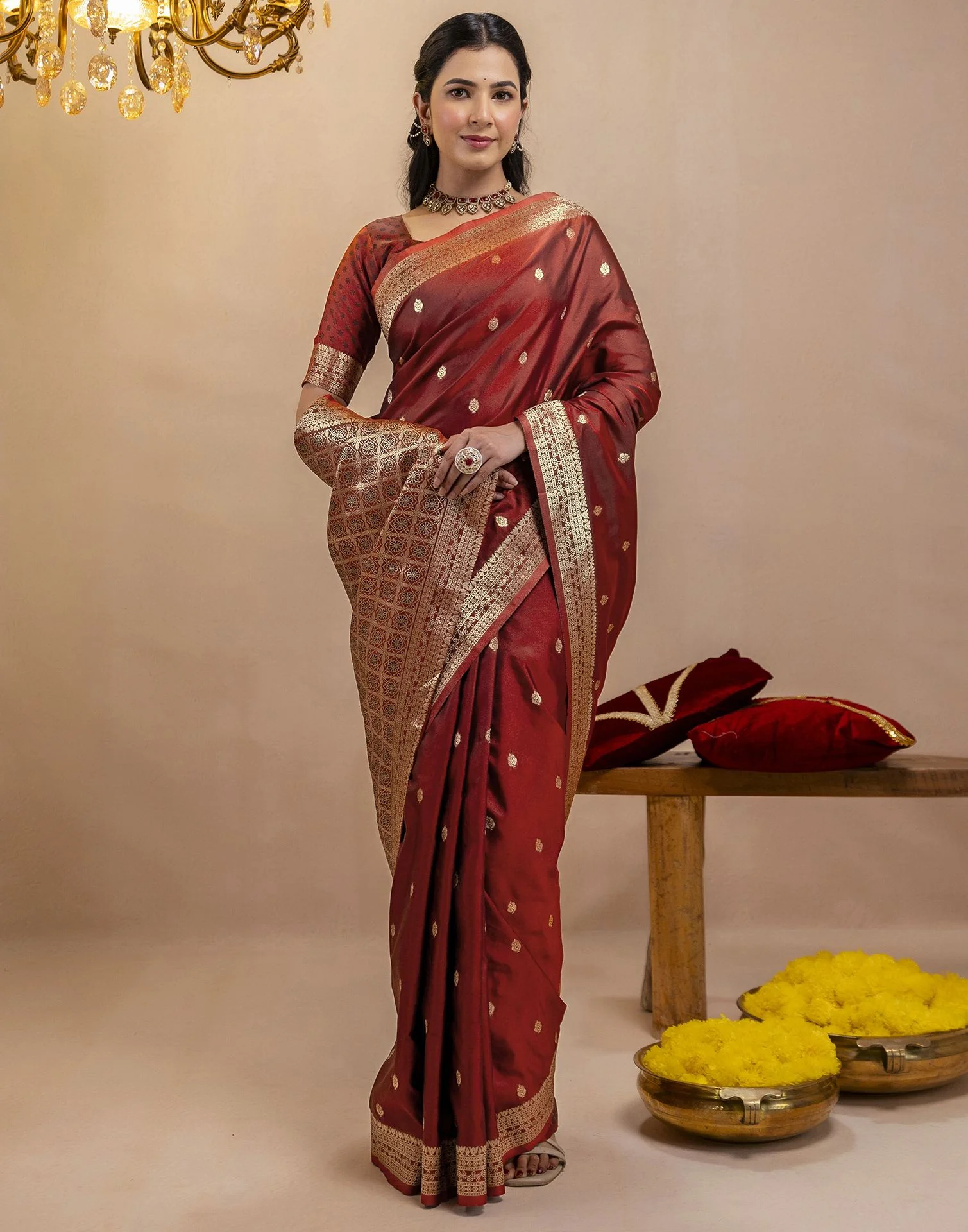Dark Maroon Silk Woven Banarasi Saree - Image 8