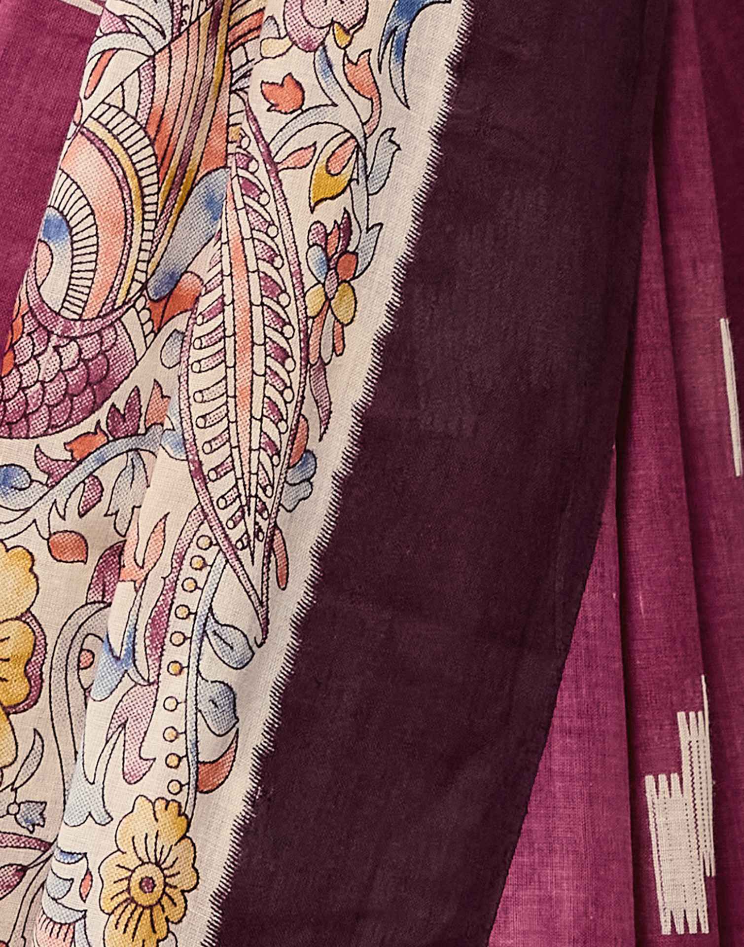 Dark Mauve Cotton Printed Kalamkari Saree - Image 10