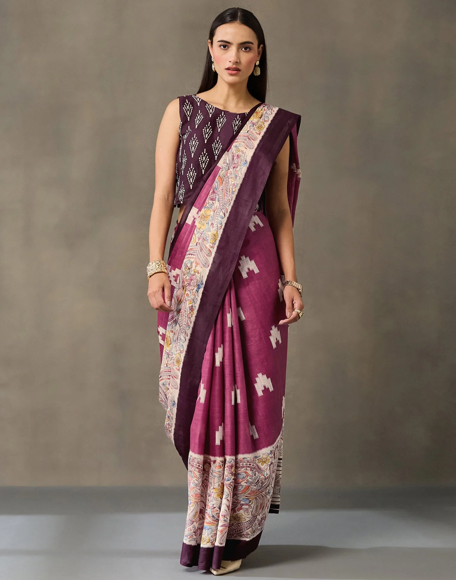Dark Mauve Cotton Printed Kalamkari Saree - Image 2