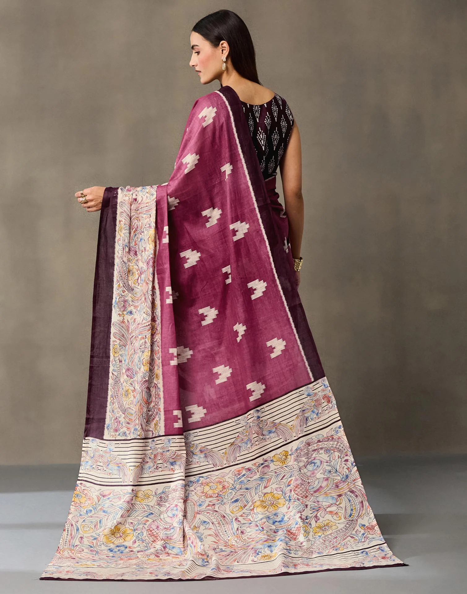 Dark Mauve Cotton Printed Kalamkari Saree - Image 7