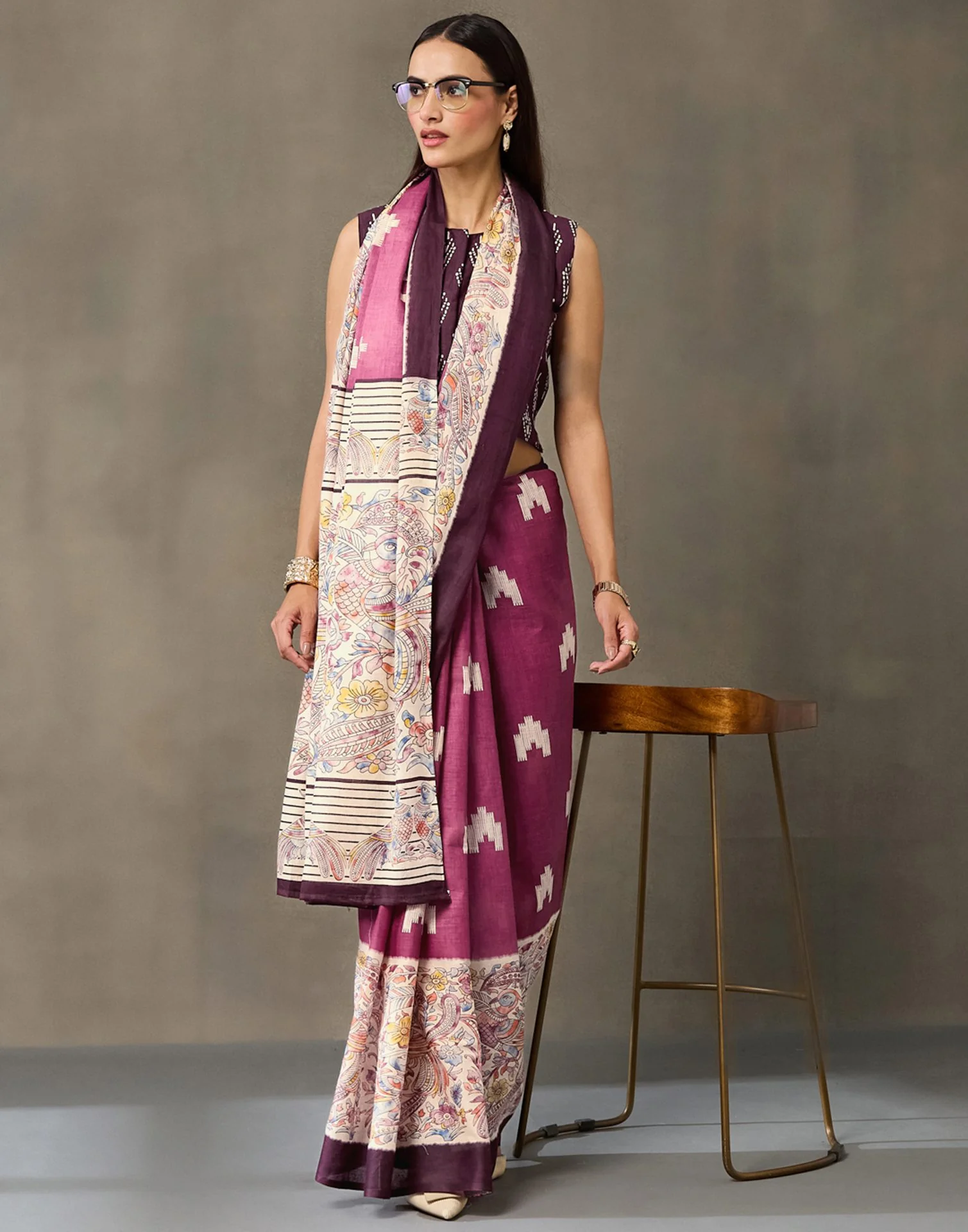 Dark Mauve Cotton Printed Kalamkari Saree - Image 8