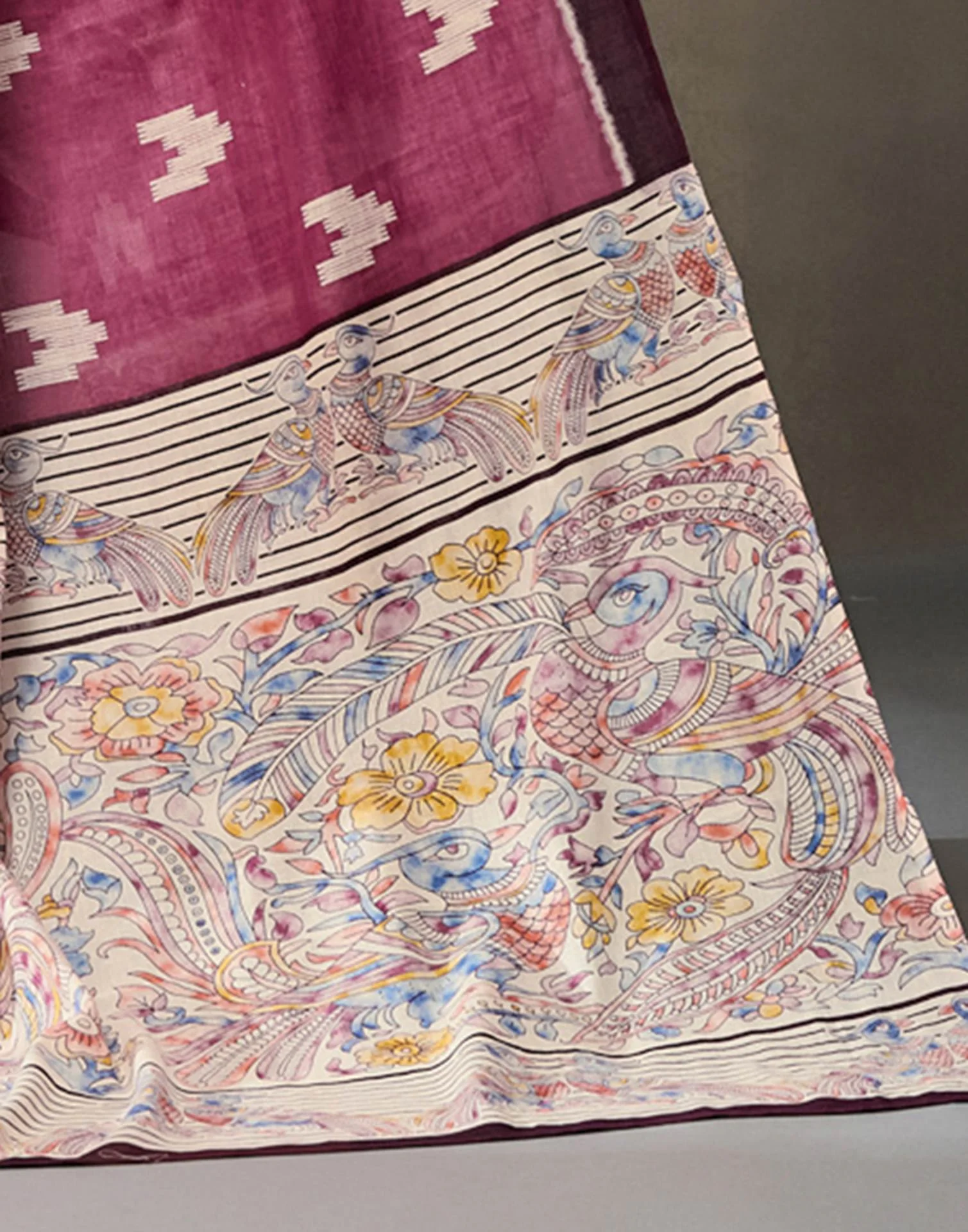 Dark Mauve Cotton Printed Kalamkari Saree - Image 9
