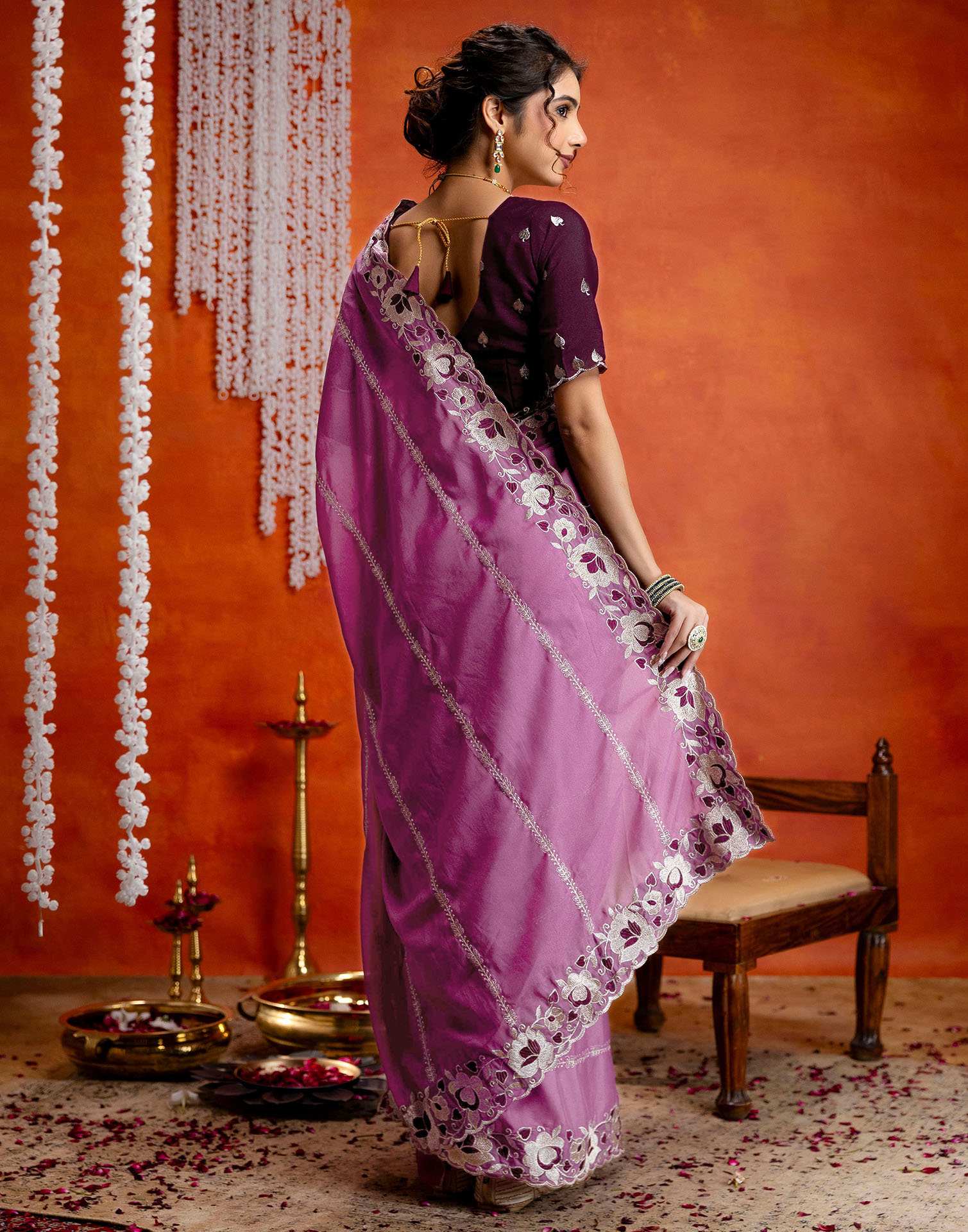 Dark Mauve Shimmer Embroidery Saree - Image 6