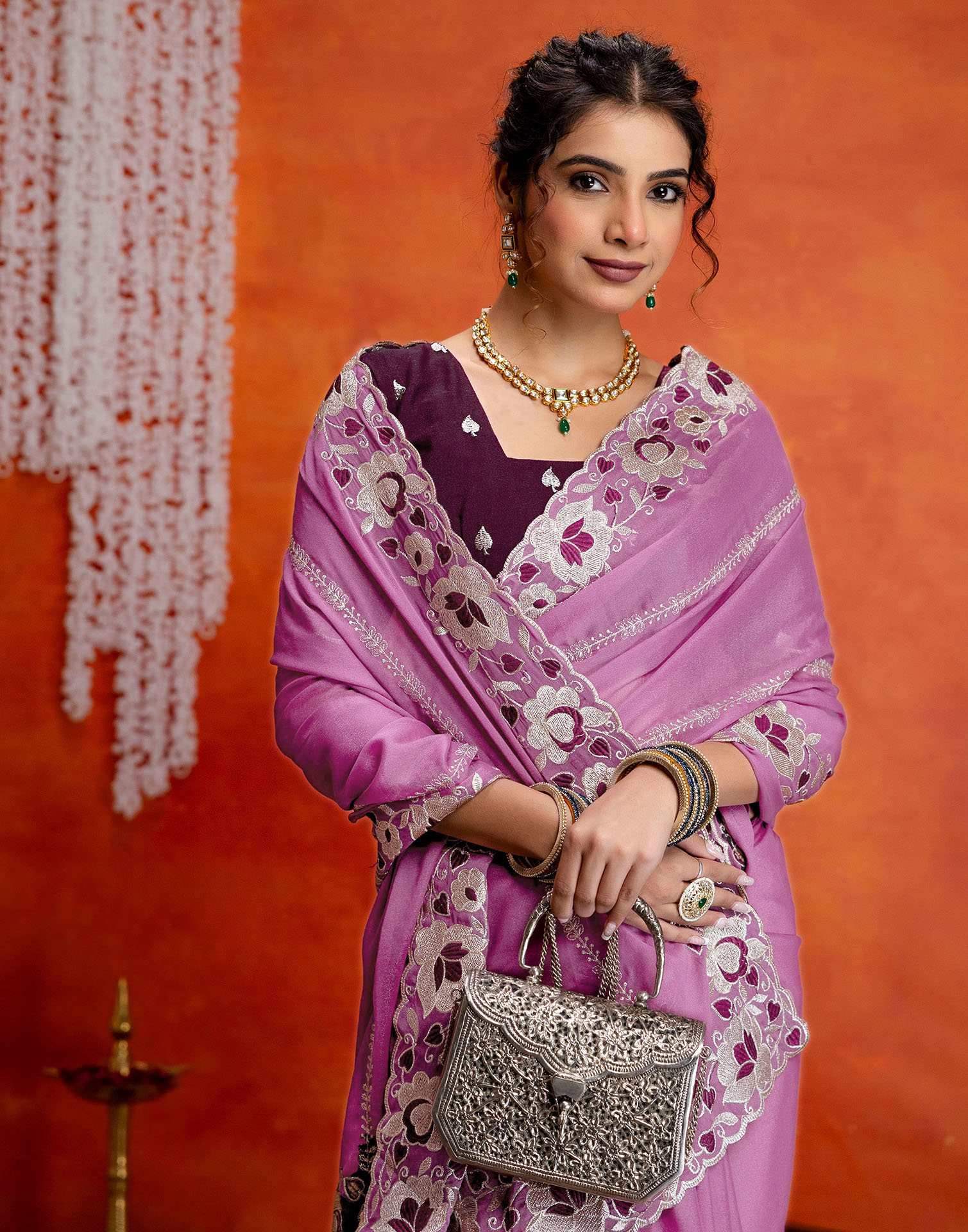 Dark Mauve Shimmer Embroidery Saree - Image 8