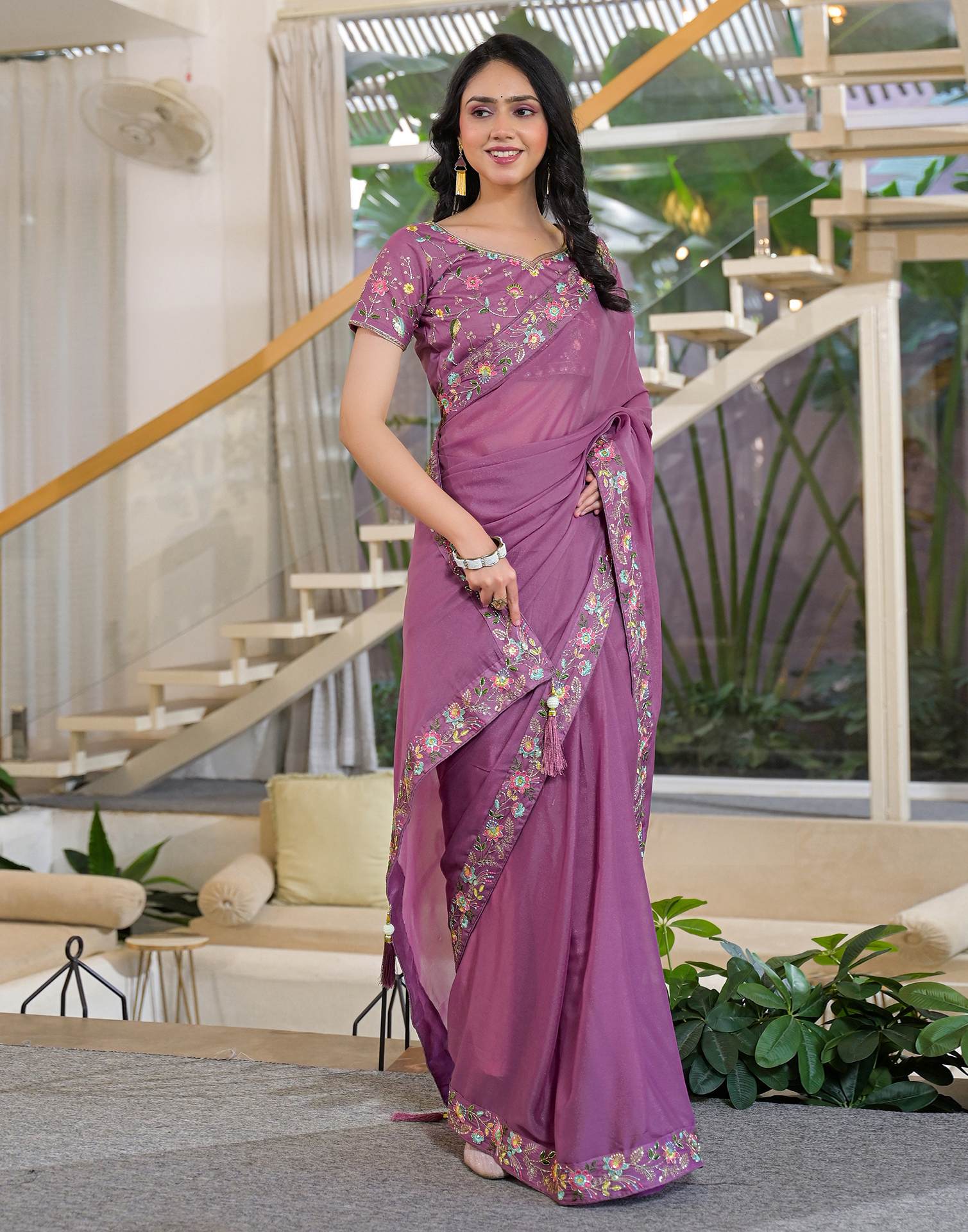 Dark Mauve Shimmer Georgette Embroidery Lace Saree - Image 6