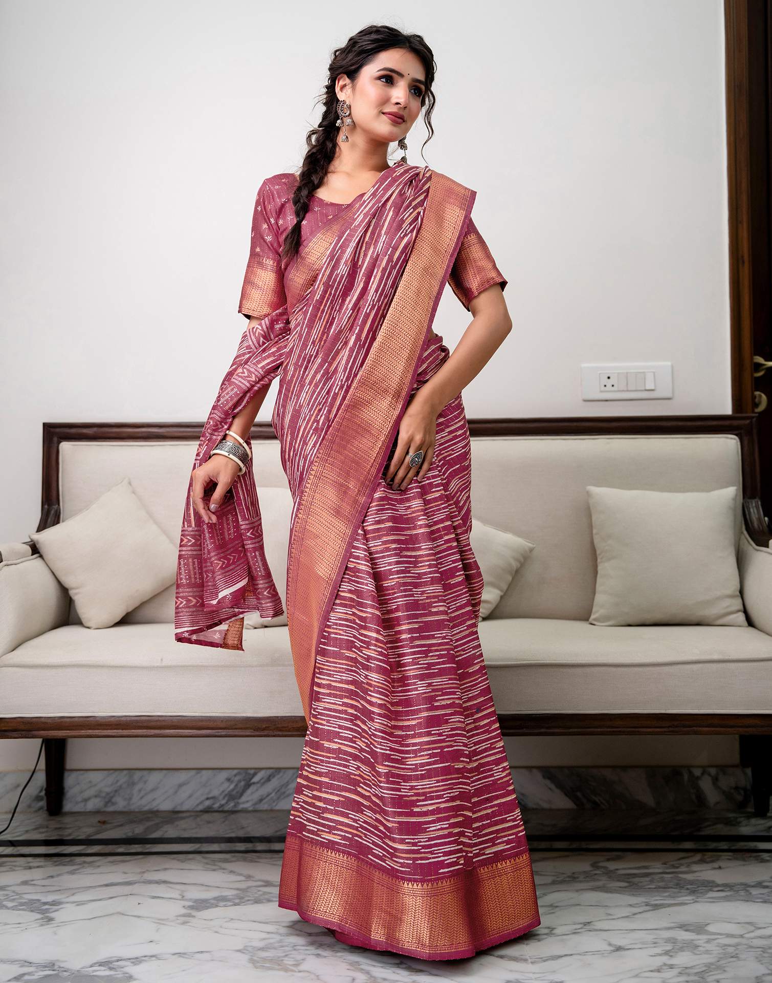 Dark Mauve Silk Printed Zari Stripe Saree - Image 10