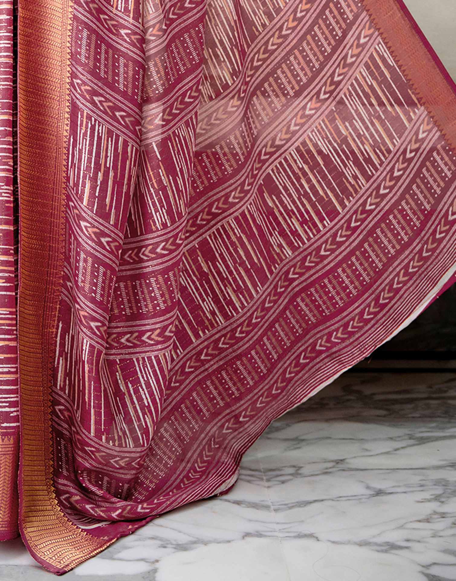 Dark Mauve Silk Printed Zari Stripe Saree - Image 12
