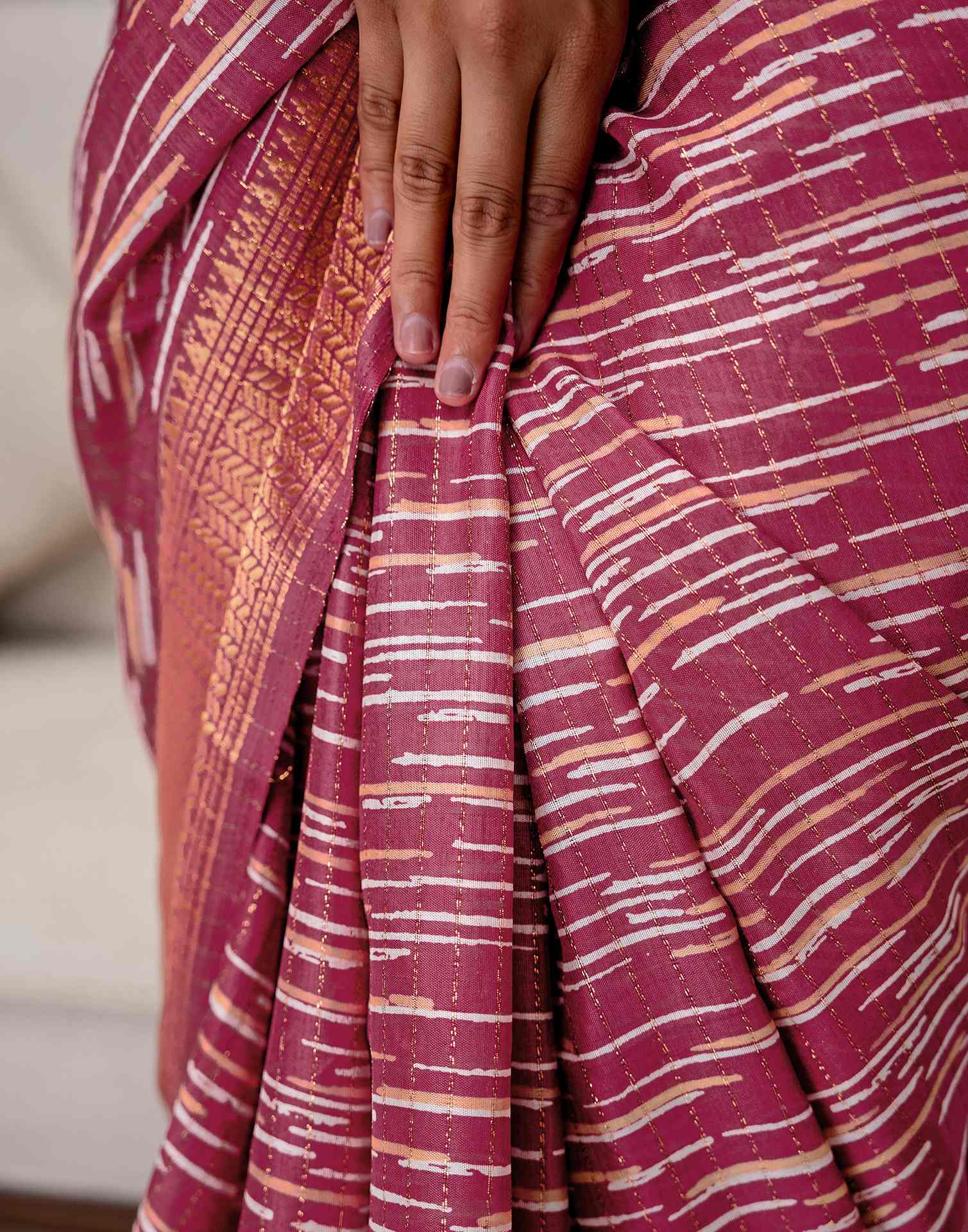 Dark Mauve Silk Printed Zari Stripe Saree - Image 13