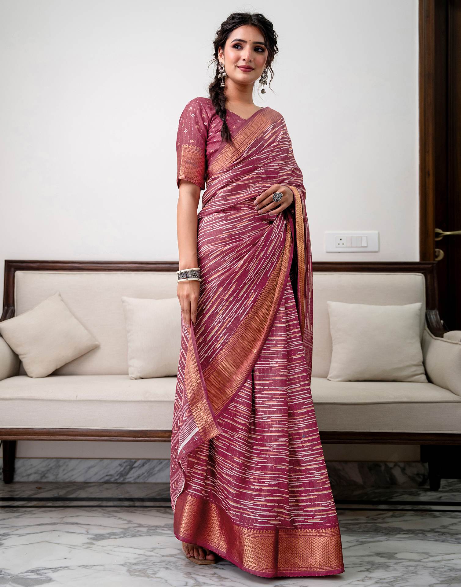 Dark Mauve Silk Printed Zari Stripe Saree - Image 6