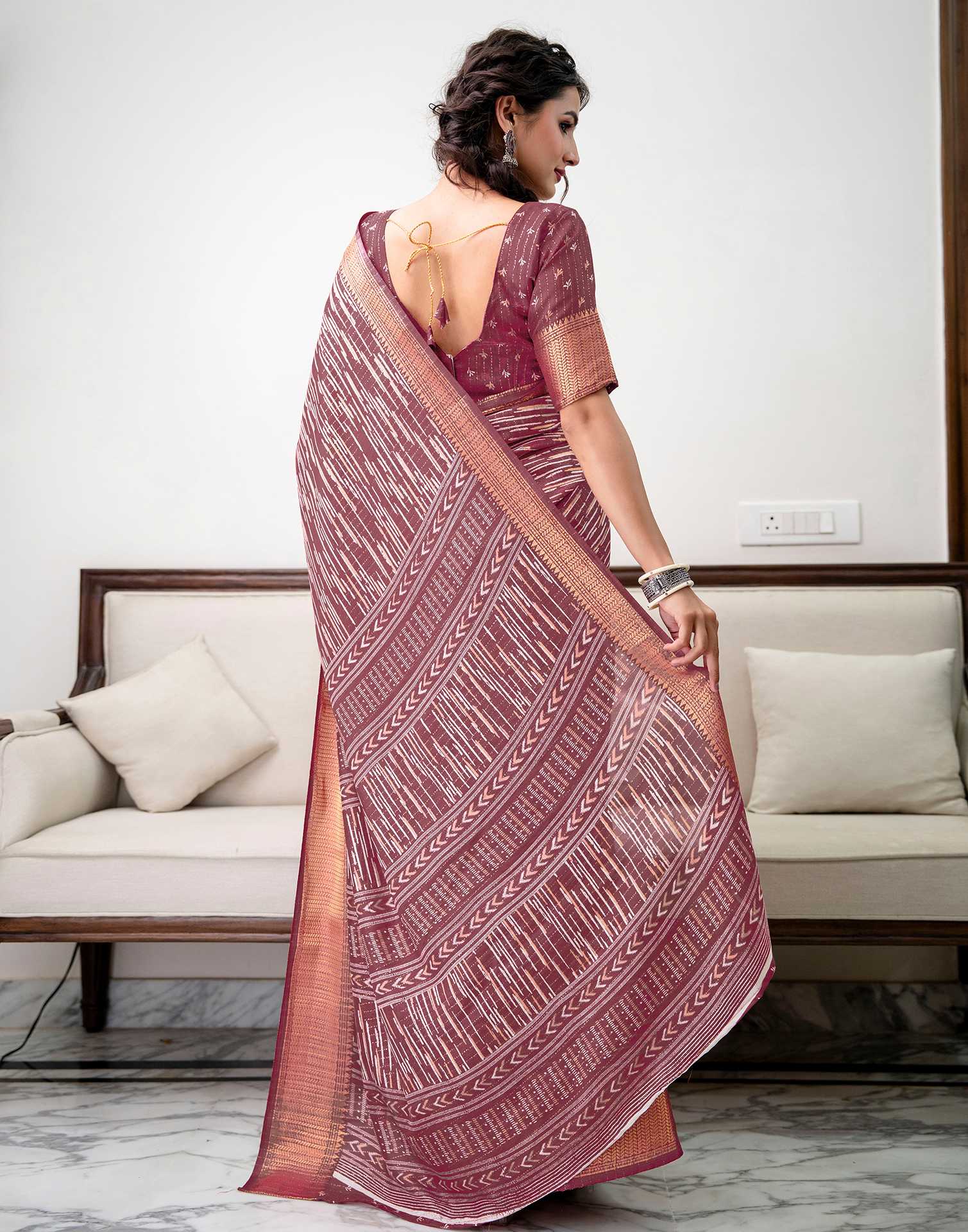 Dark Mauve Silk Printed Zari Stripe Saree - Image 7