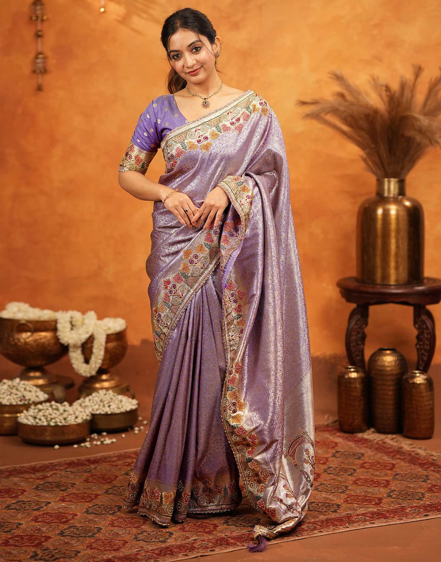 Dark Mauve Silk Woven Embroidery Stone Work Banarasi Saree - Image 11