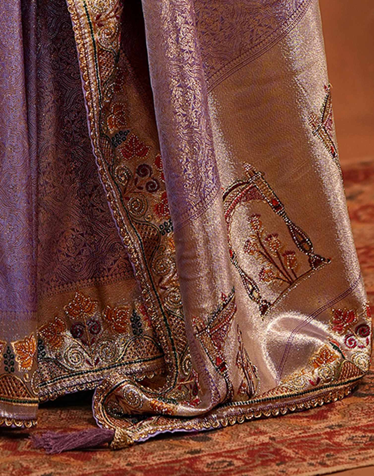 Dark Mauve Silk Woven Embroidery Stone Work Banarasi Saree - Image 13