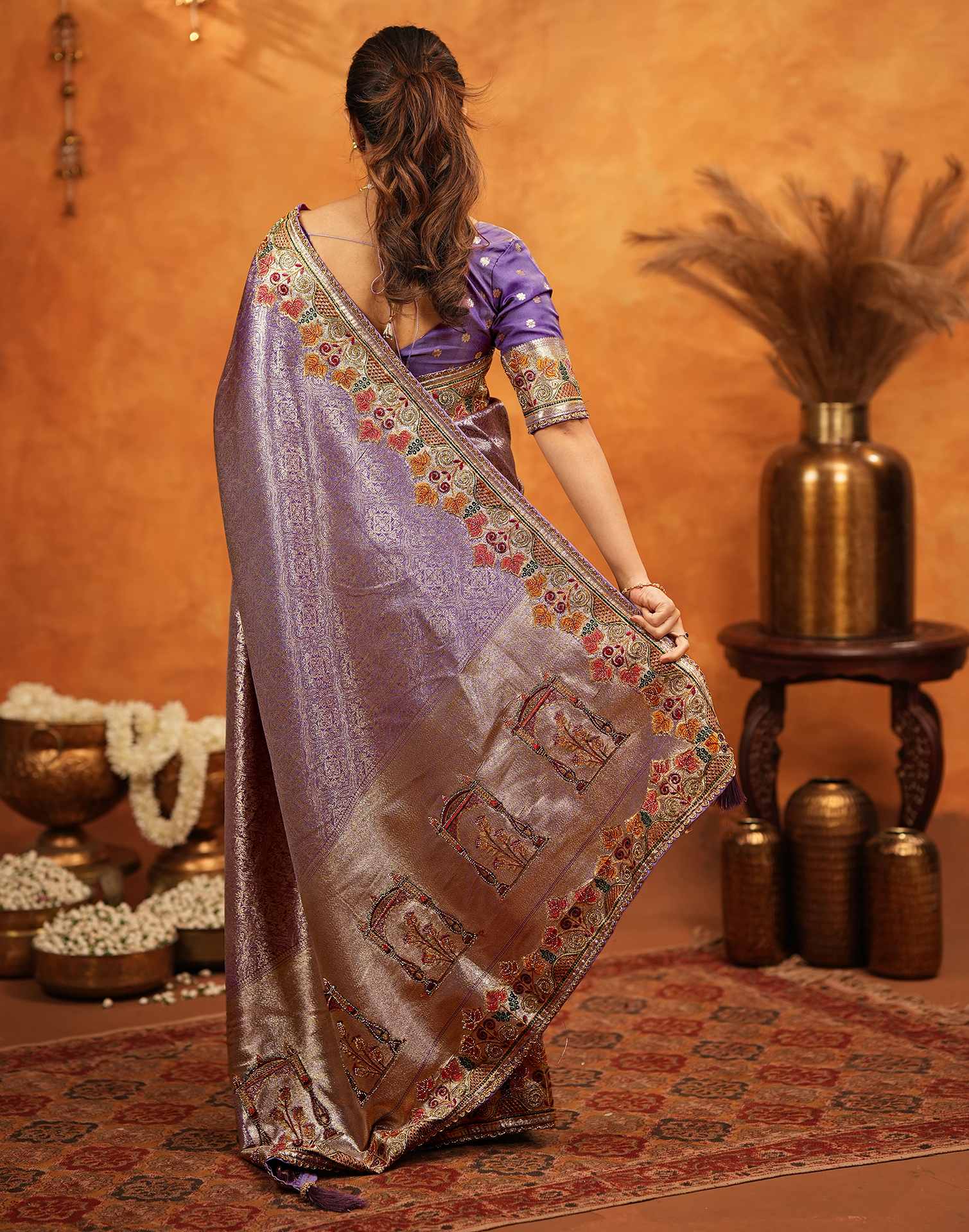 Dark Mauve Silk Woven Embroidery Stone Work Banarasi Saree - Image 8