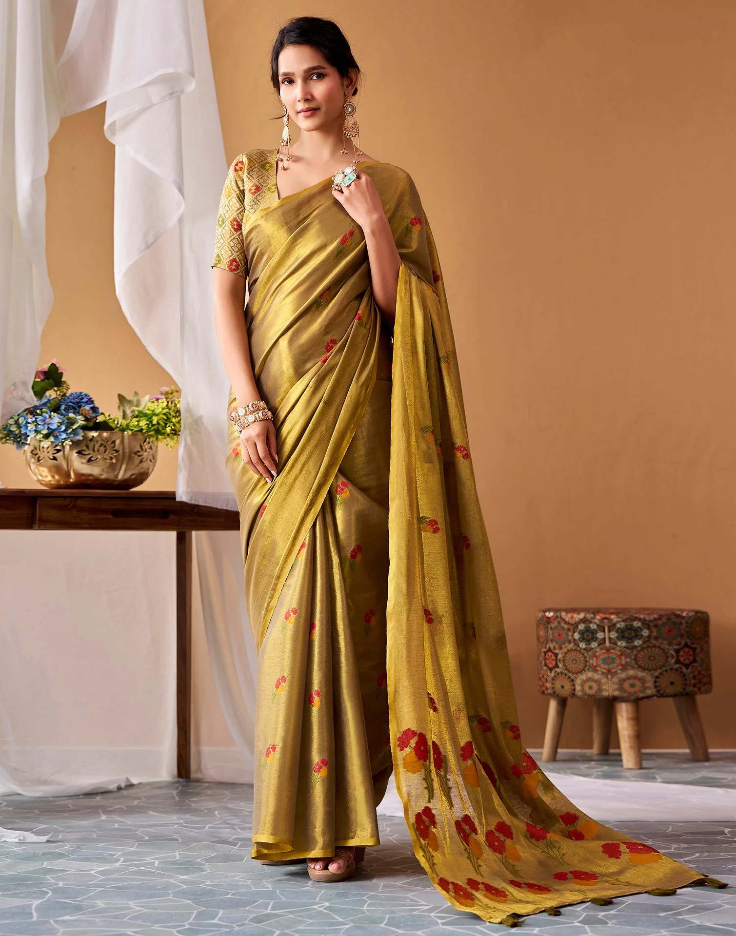 Dark Mustard Green Tissue Silk Woven Floral Saree - Image 2