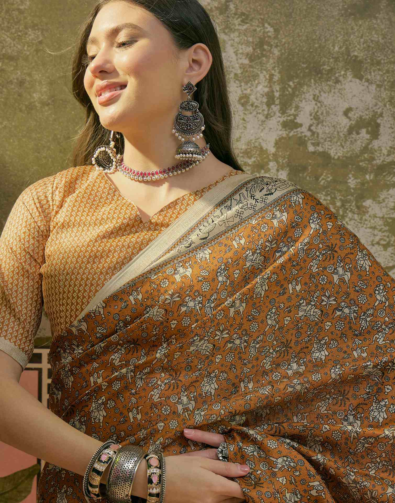 Dark Brown Mustard Khadi Printed Saree - Image 2