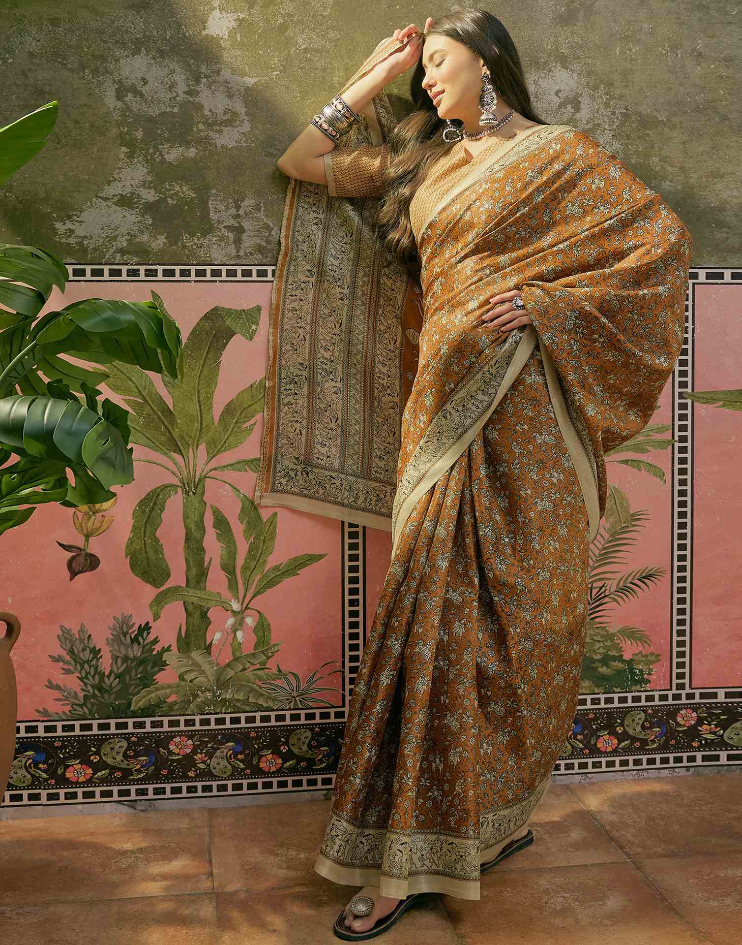 Dark Brown Mustard Khadi Printed Saree - Image 5