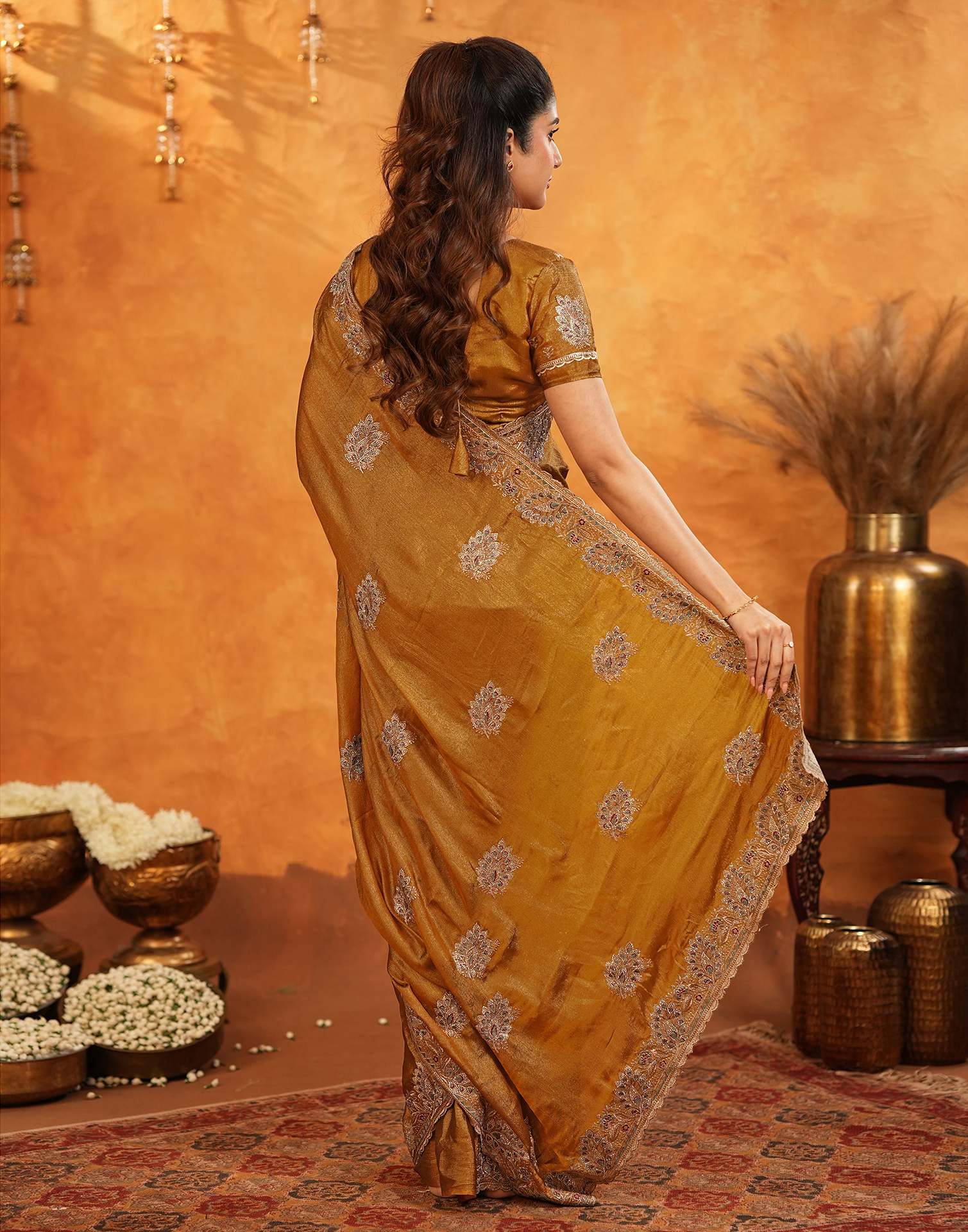 Dark Mustard Vichitra Silk Stone Work Embroidery Saree - Image 12