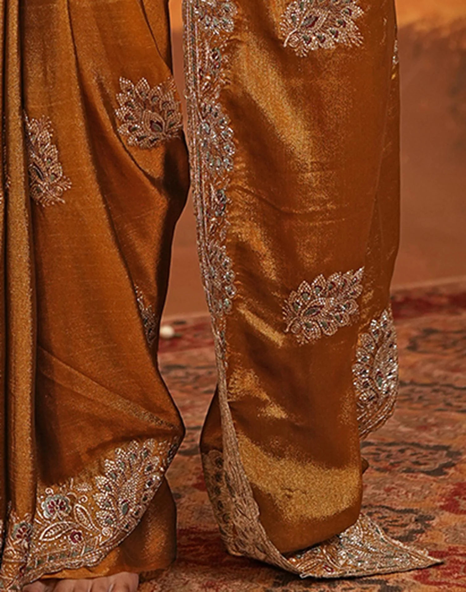 Dark Mustard Vichitra Silk Stone Work Embroidery Saree - Image 14