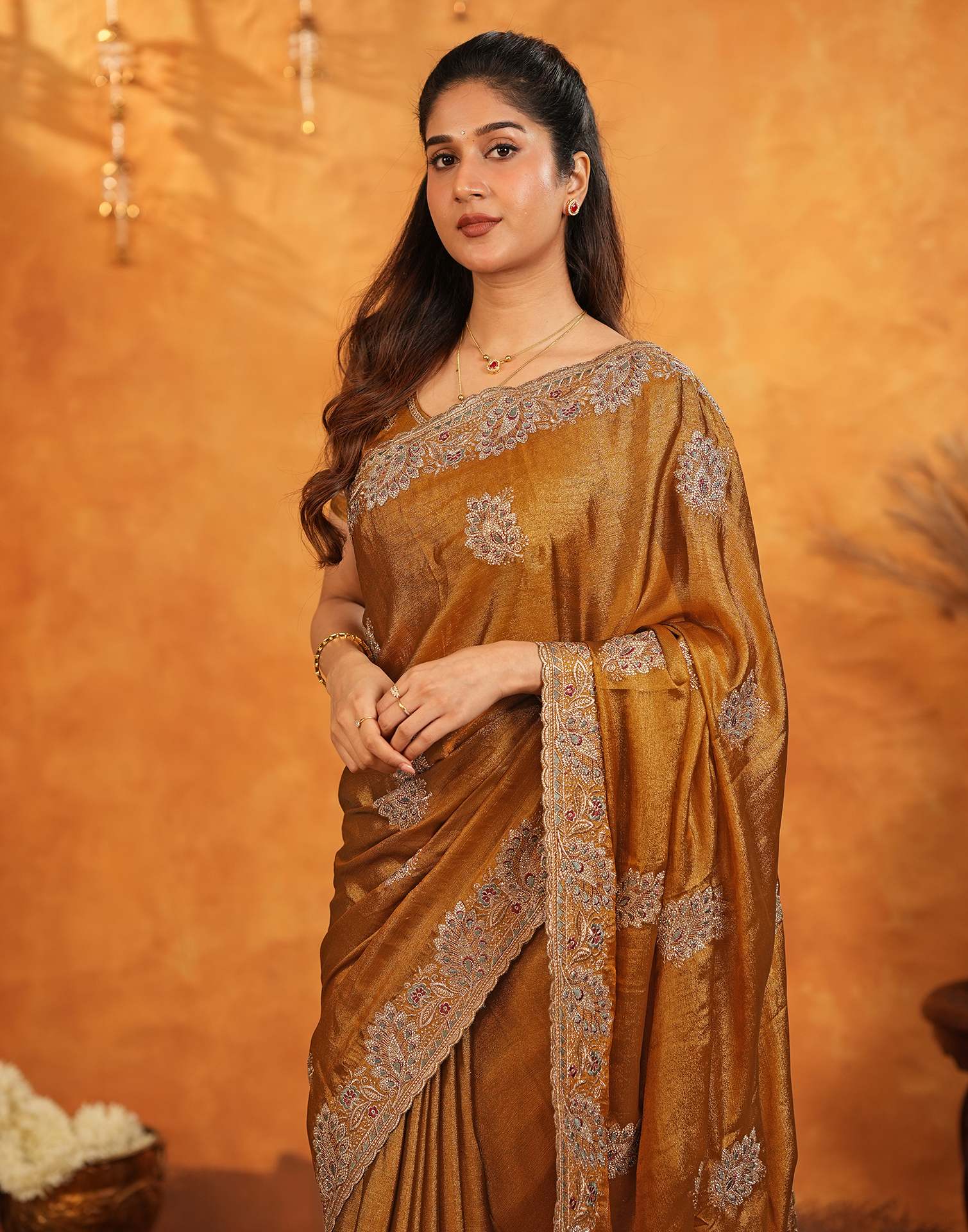 Dark Mustard Vichitra Silk Stone Work Embroidery Saree - Image 4