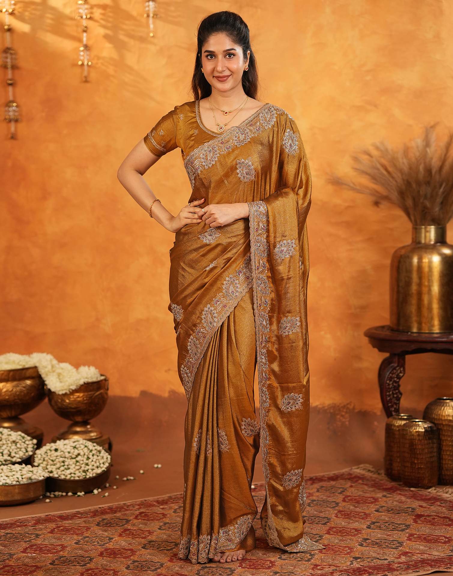 Dark Mustard Vichitra Silk Stone Work Embroidery Saree - Image 6