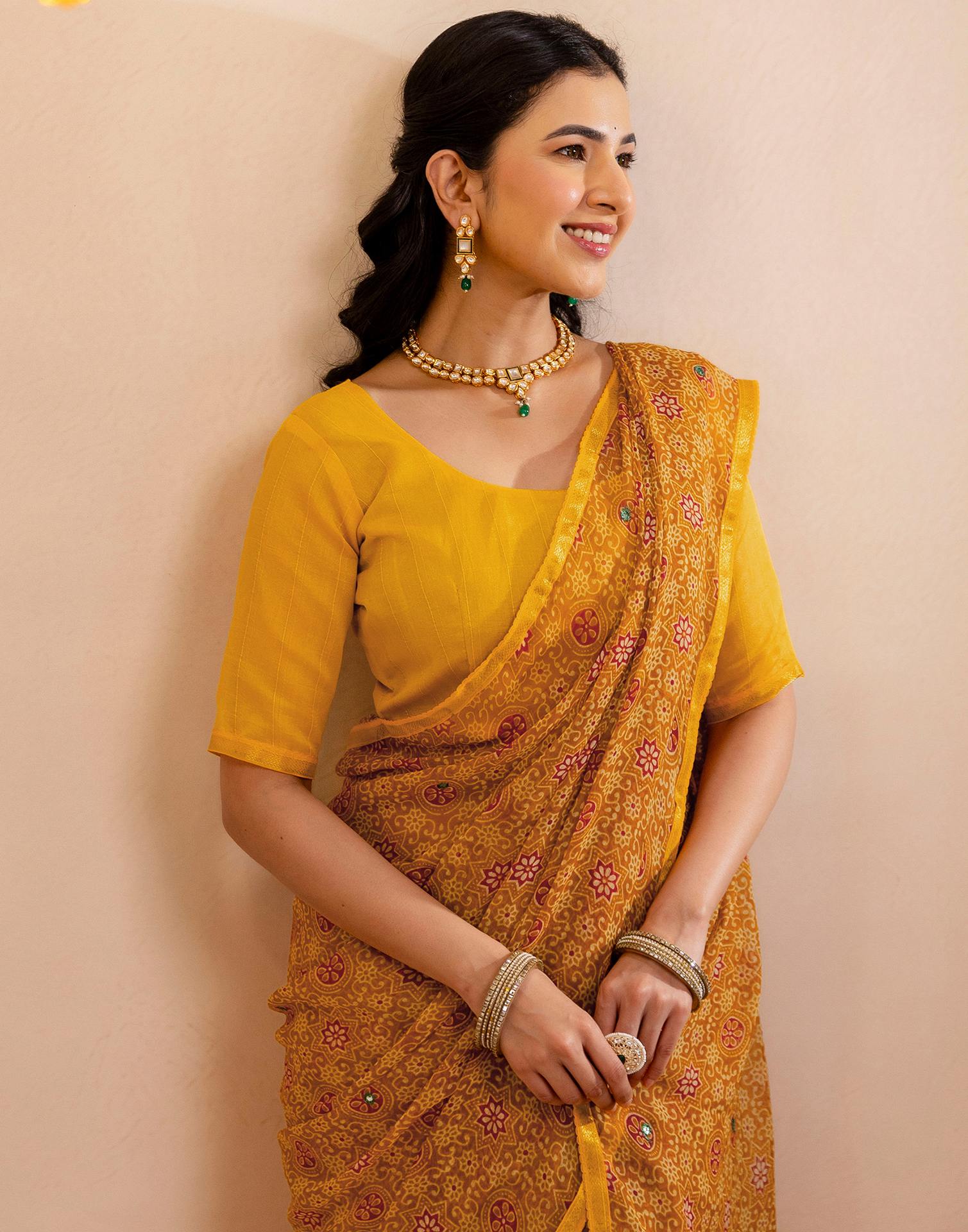 Dark Mustard Yellow Chiffon Printed Saree - Image 11