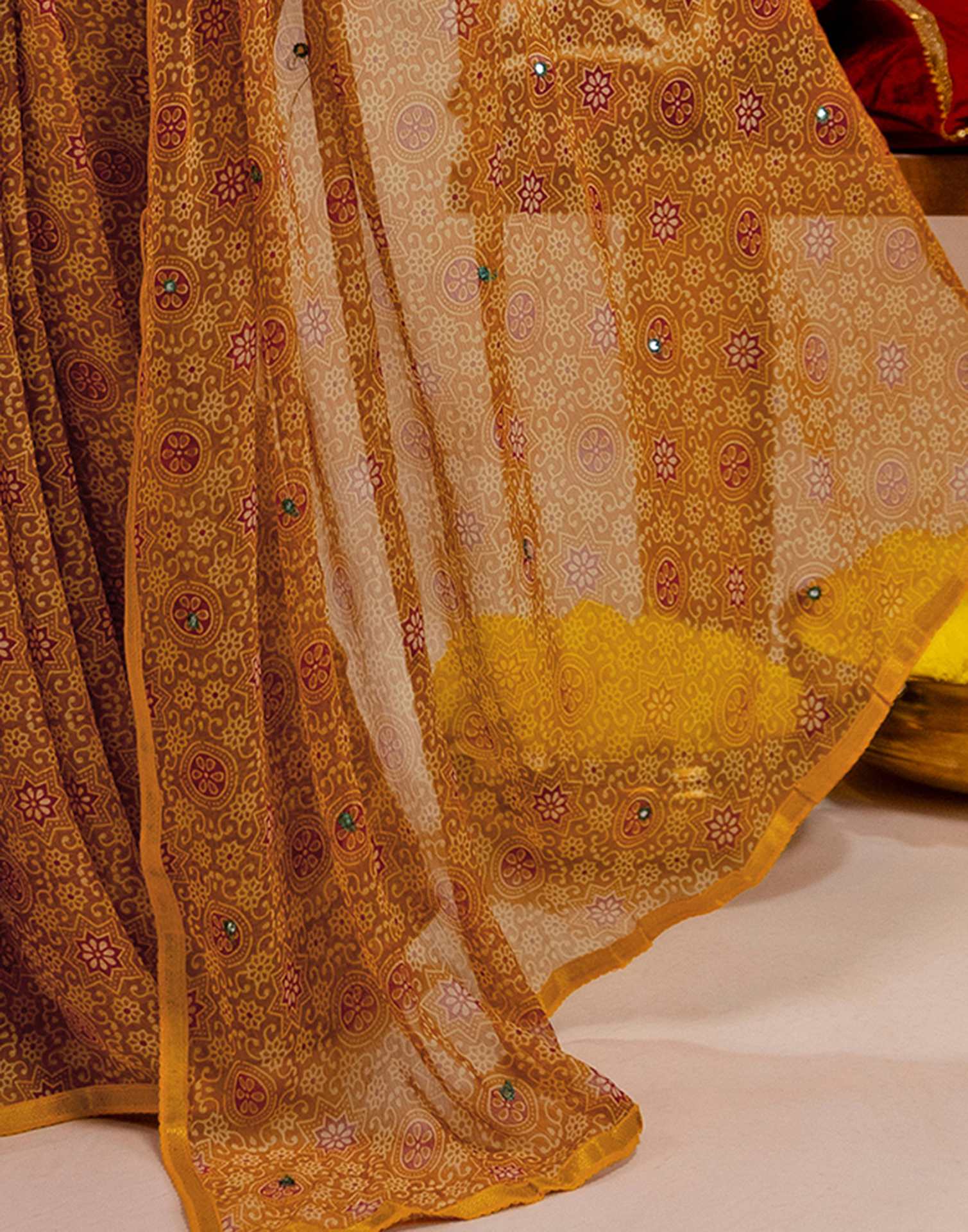 Dark Mustard Yellow Chiffon Printed Saree - Image 12