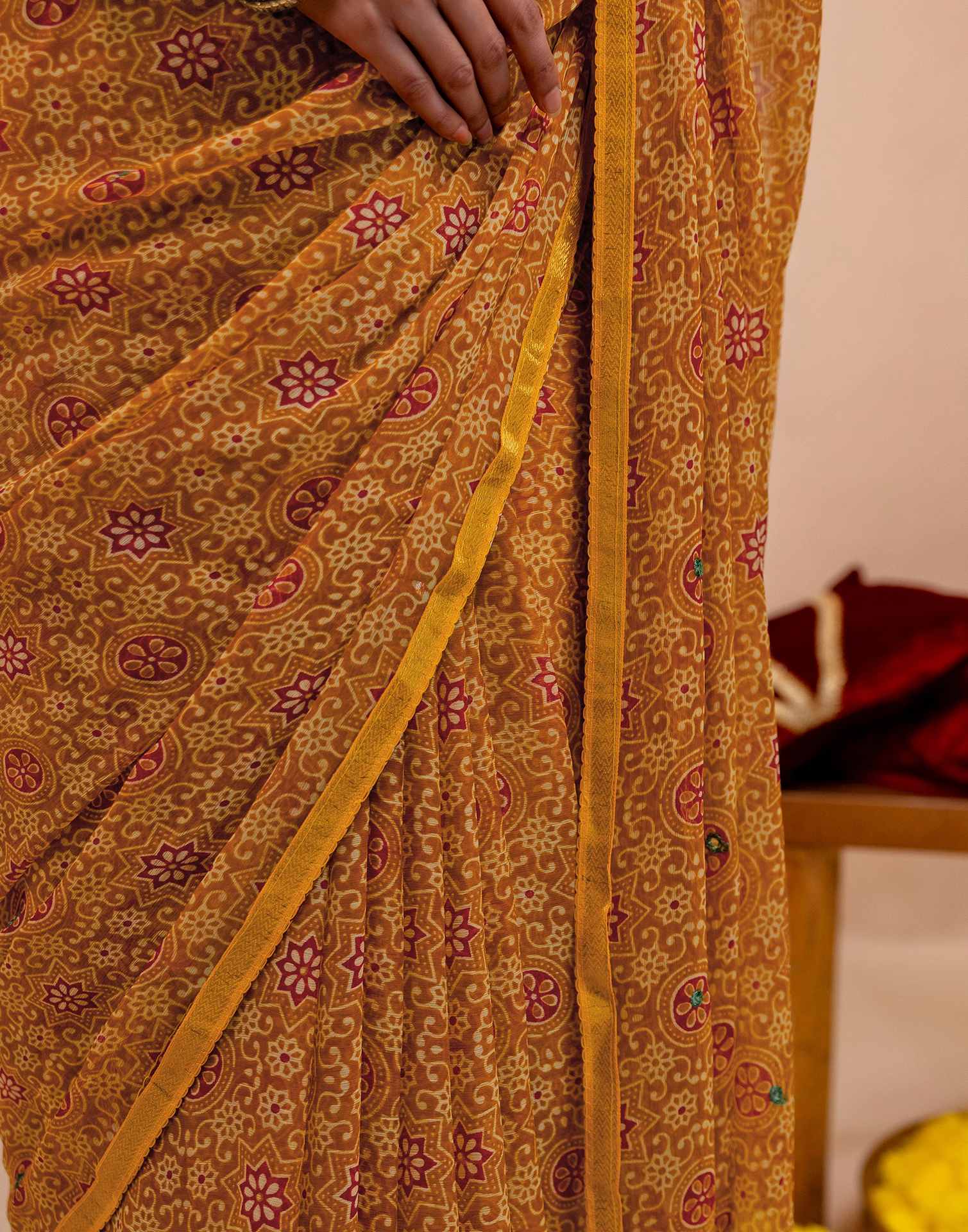Dark Mustard Yellow Chiffon Printed Saree - Image 13