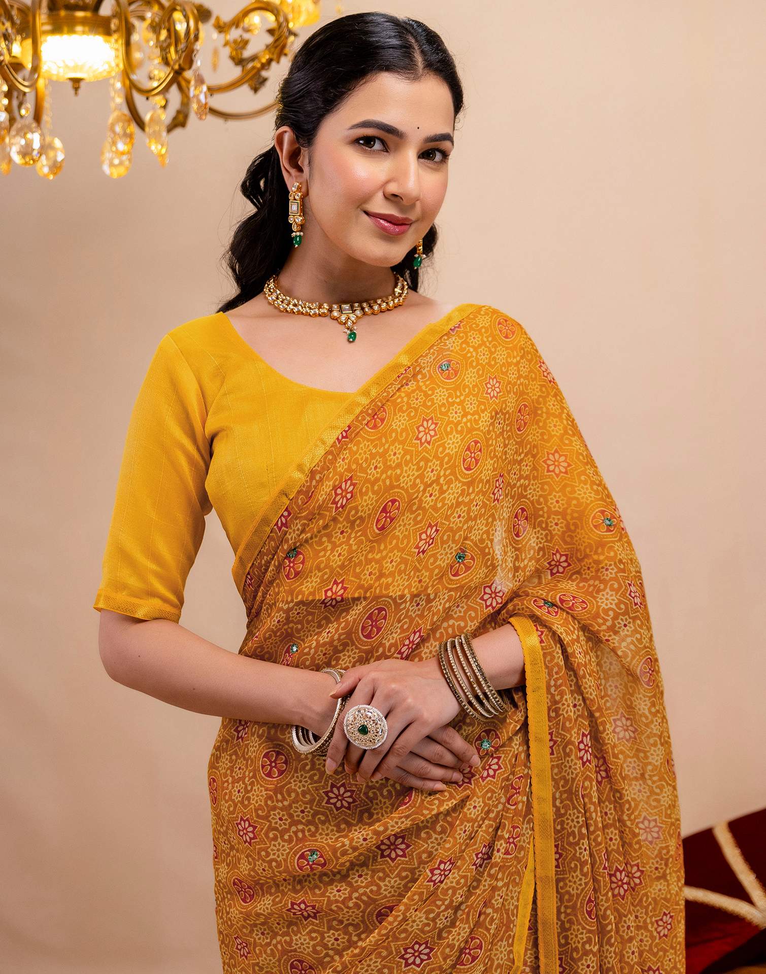 Dark Mustard Yellow Chiffon Printed Saree - Image 4