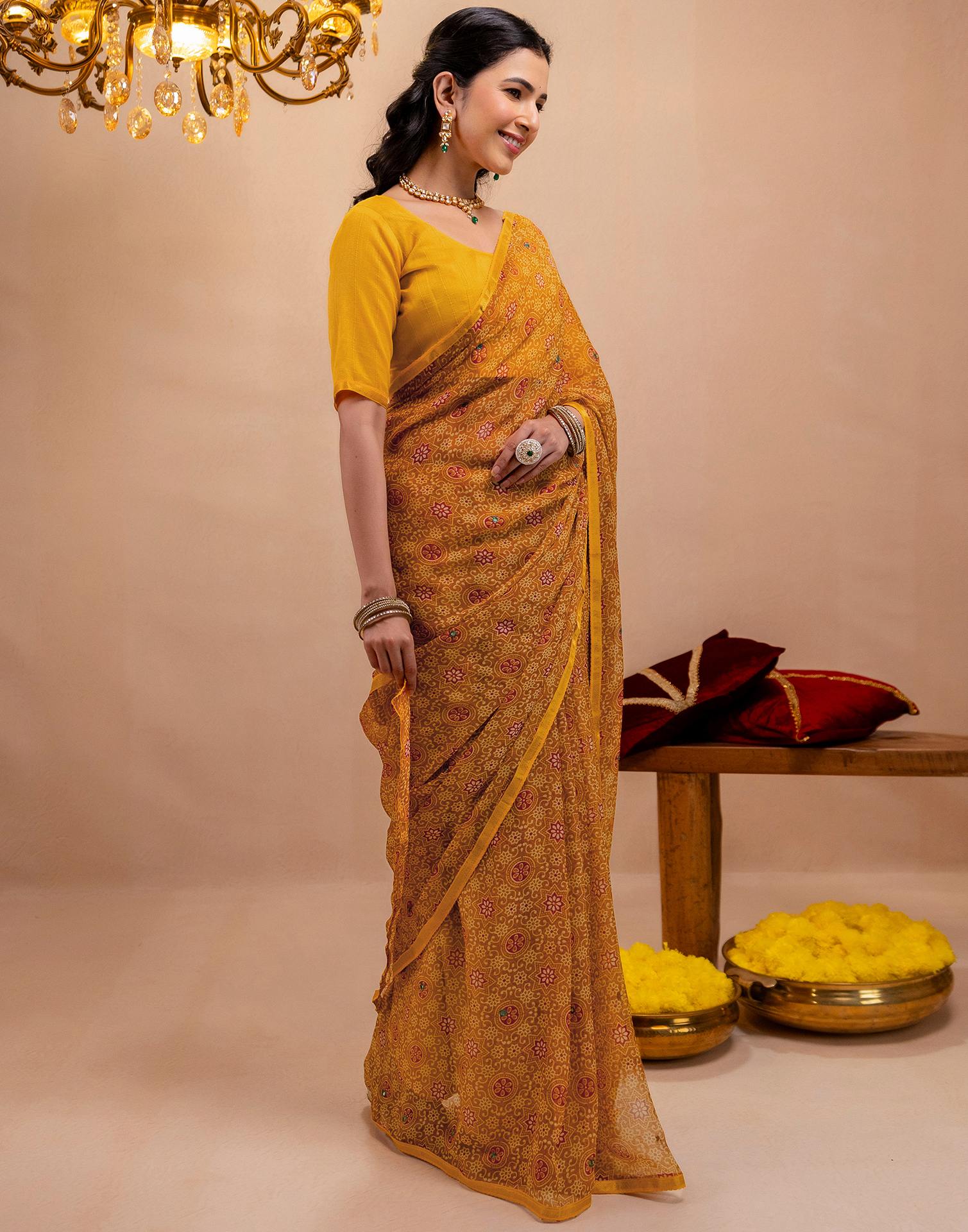 Dark Mustard Yellow Chiffon Printed Saree - Image 6