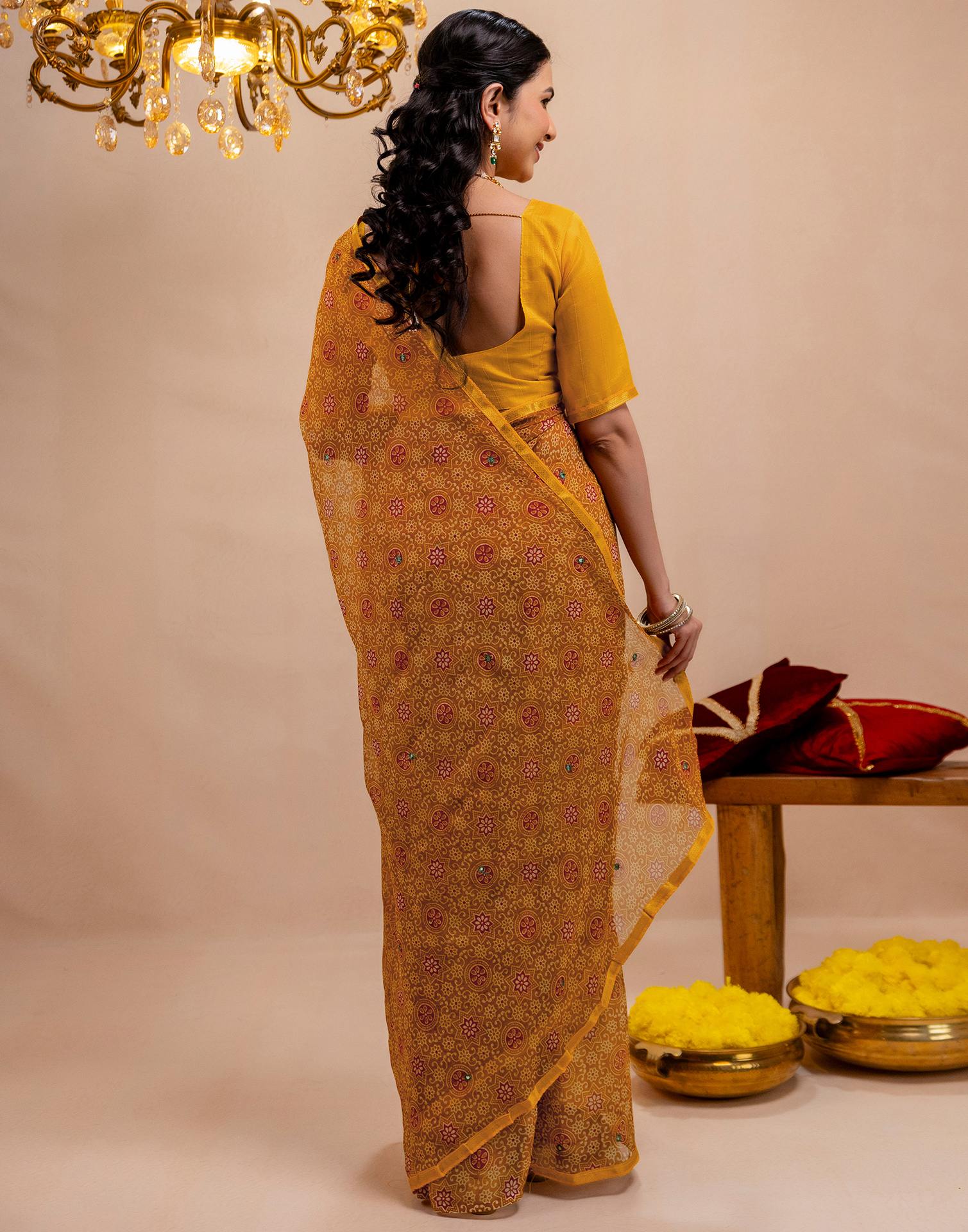Dark Mustard Yellow Chiffon Printed Saree - Image 7