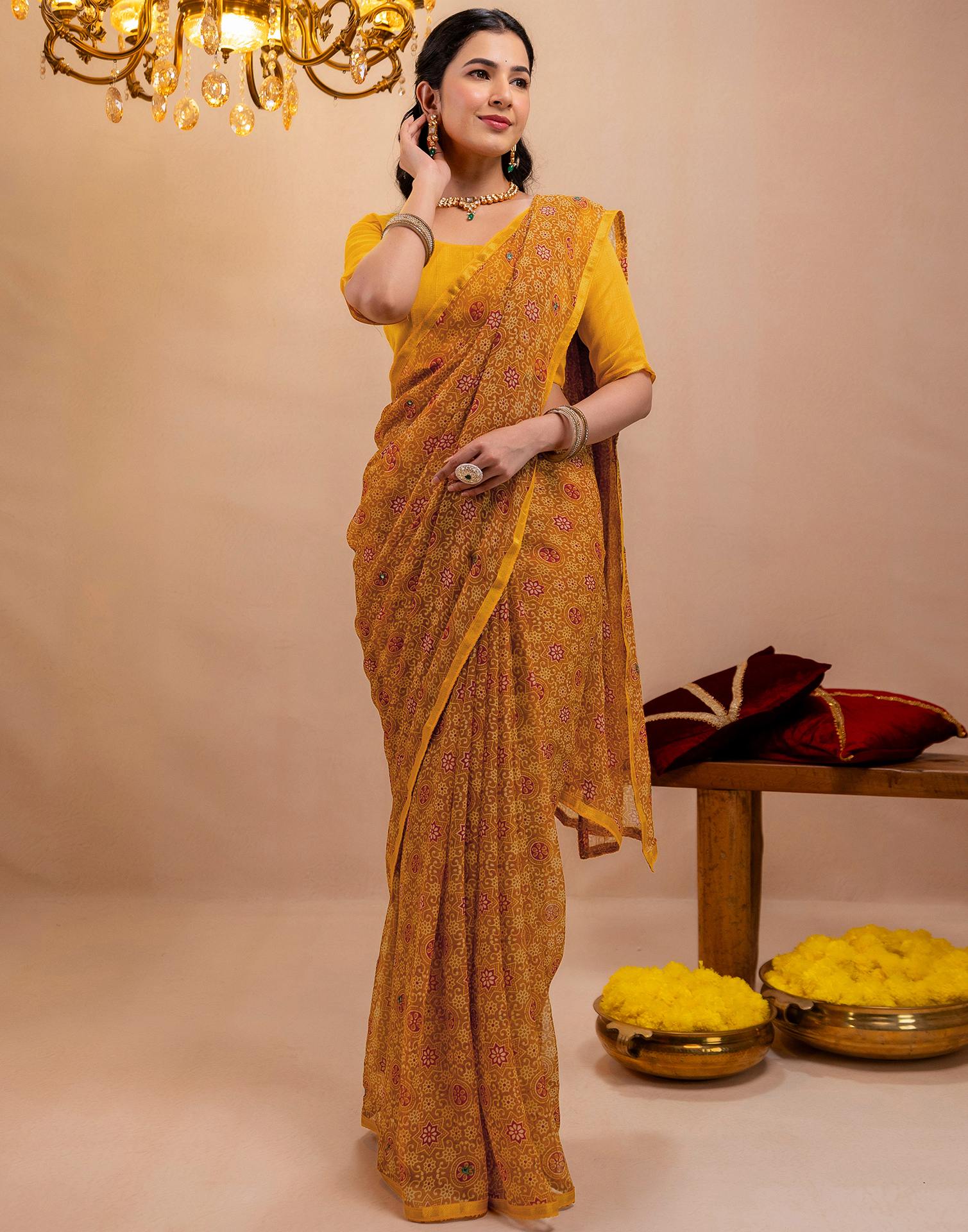 Dark Mustard Yellow Chiffon Printed Saree - Image 8
