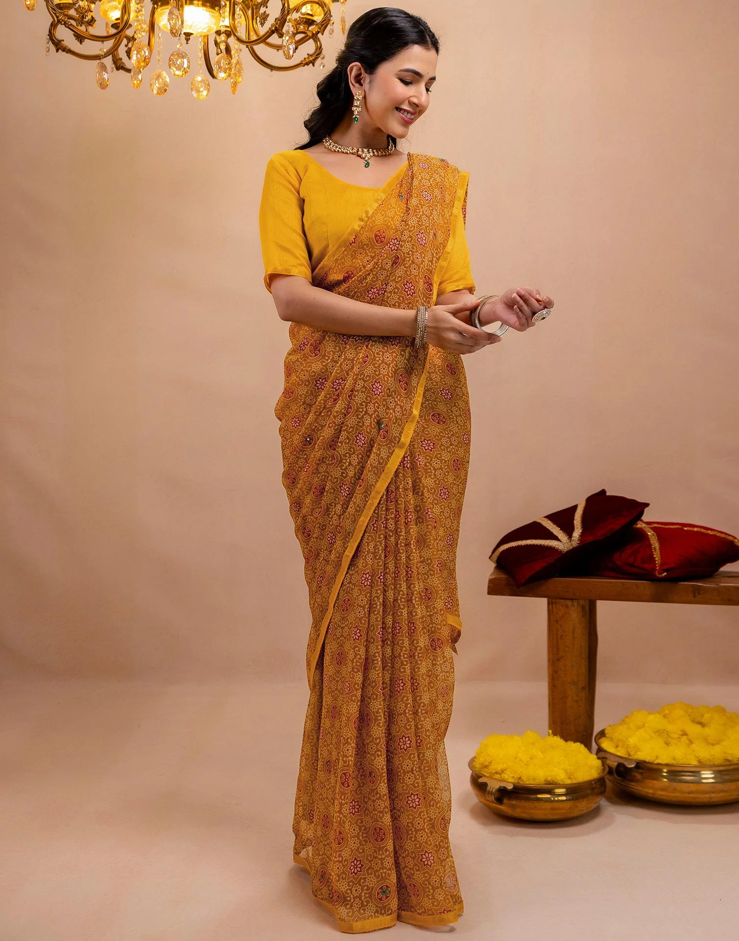 Dark Mustard Yellow Chiffon Printed Saree - Image 9